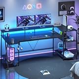 SEDETA Gaming Desk 70&period;8&apos;&apos; with LED Lights and Storage Shelves&comma; Computer Desk with Monitor Stand&comma; Power Outlets and Cup Holder&comma; Large PC Gamer Desk&comma; Gaming Table for Bedroom&comma; Living Room&comma; Black