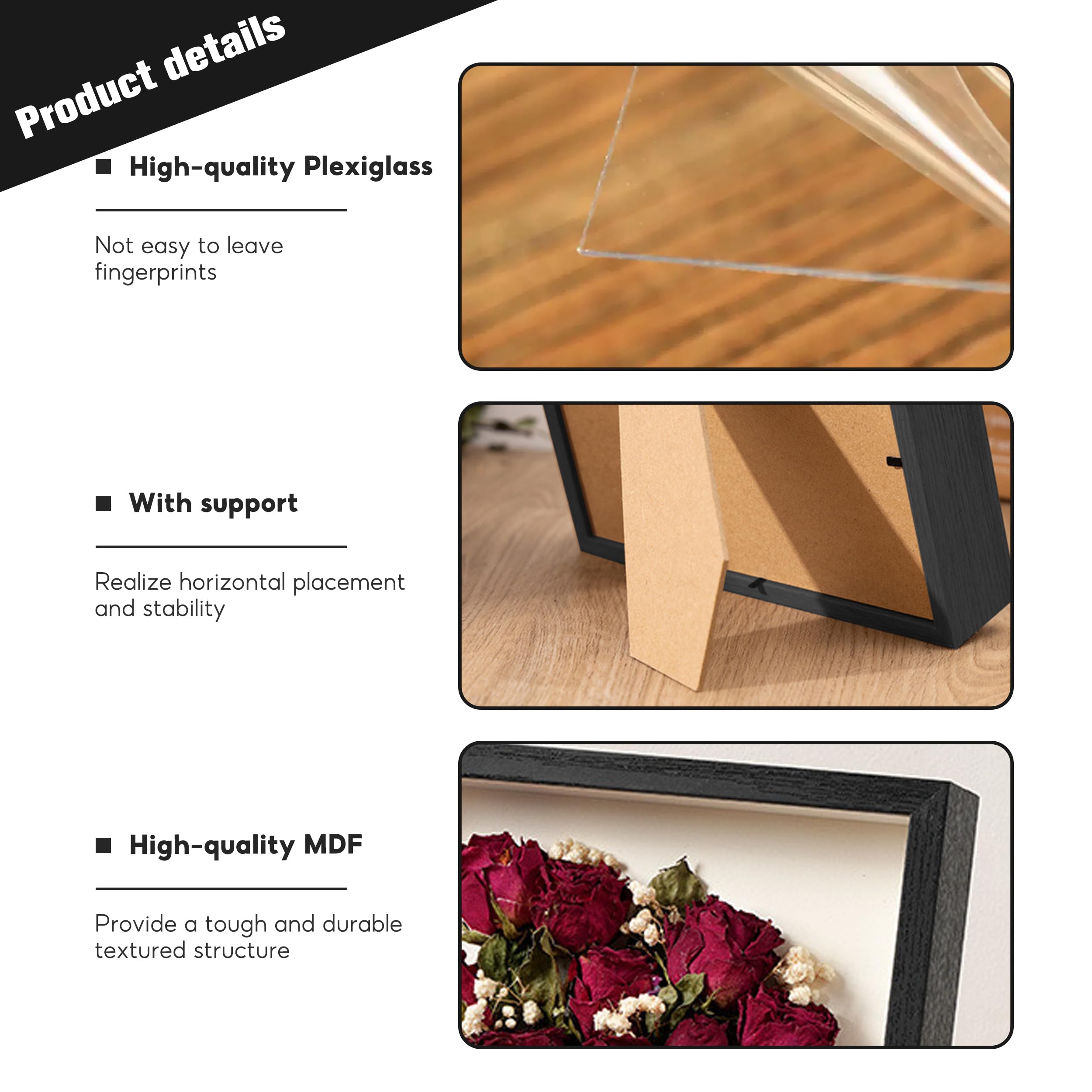 3D Shadow Box, 3D Picture Frame, 17 x 22 cm Wooden Deep Box Frame Deep Frame Display Box for Medal Flower Memorabilia Tickets Crafts (Black) - Image 3