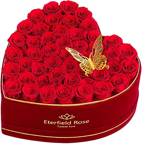 Eterfield Caja de 47 flores para siempre en forma de corazón, rosas preservadas para el día de San Valentín que duran más de un año, flores Rojo,Rosa