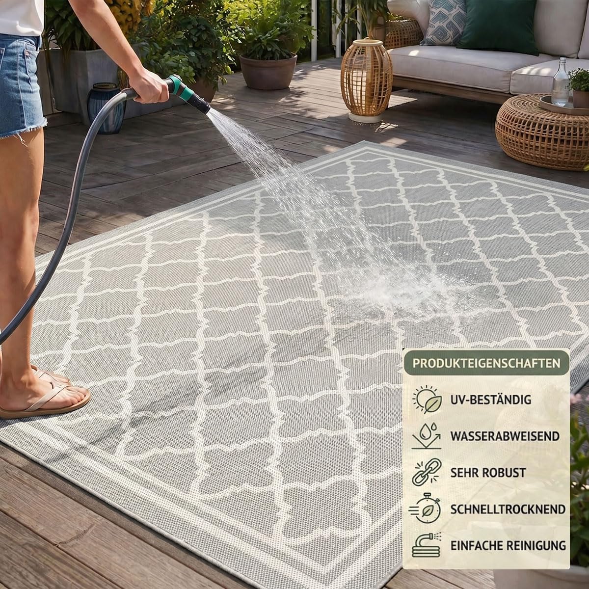 VIMODA Tappeto per interni ed esterni, tessuto piatto, per terrazzo, balcone, giardino d'inverno, robusto, design marocchino, colore beige, misure: 140 x 200 cm