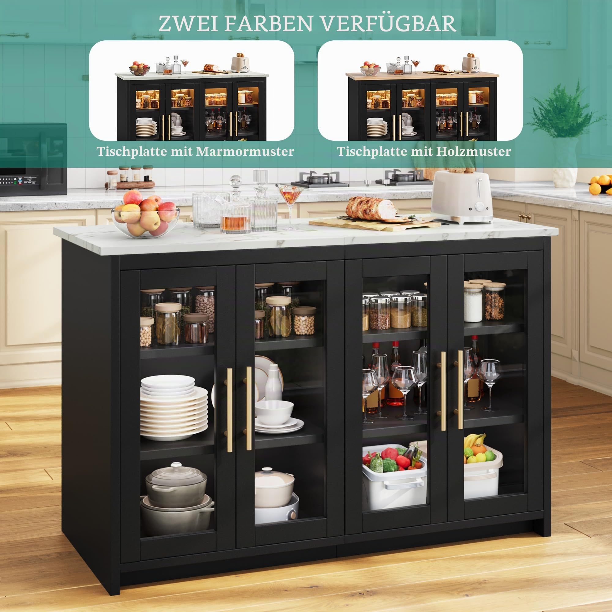YITAHOME kücheninsel mit arbeitsplatte, Steckdose und LED-Beleuchtung, Frühstückstisch mit Sitzgelegenheit, Doppelschrank mit Acryl-Fronten, dreistufiger Verstellbarer Schrank, Marmoroptik