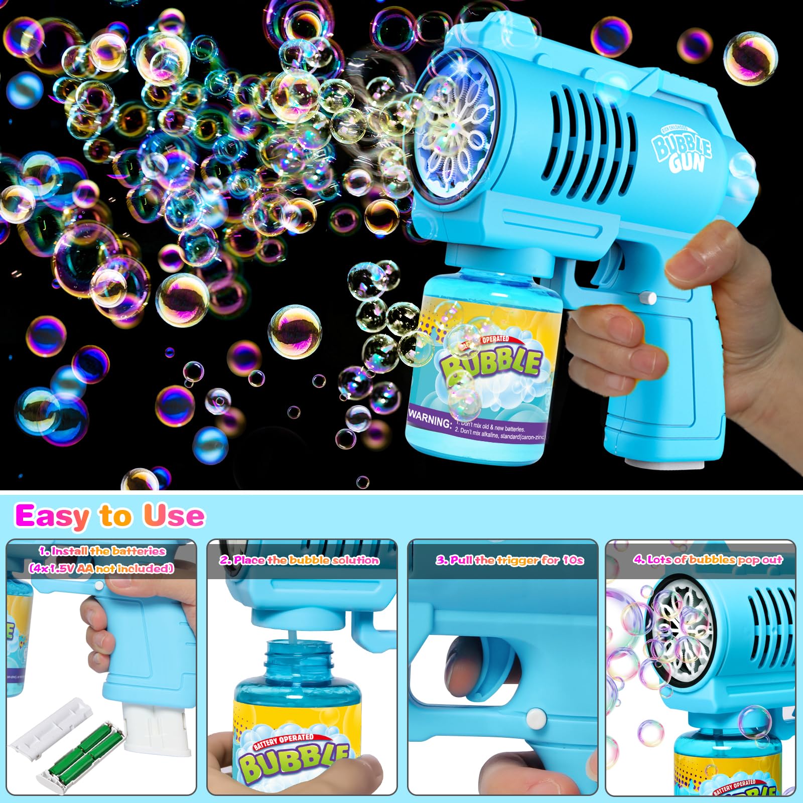 BUBOJOY Pistolet à Bulles pour Enfants, Machine à Bulles Automatique 10000+ Bulles/Min avec Solution, Souffleur de Bulles Silencieux avec Lumières pour en Plein air Fêtes Mariage- Bleu - 4