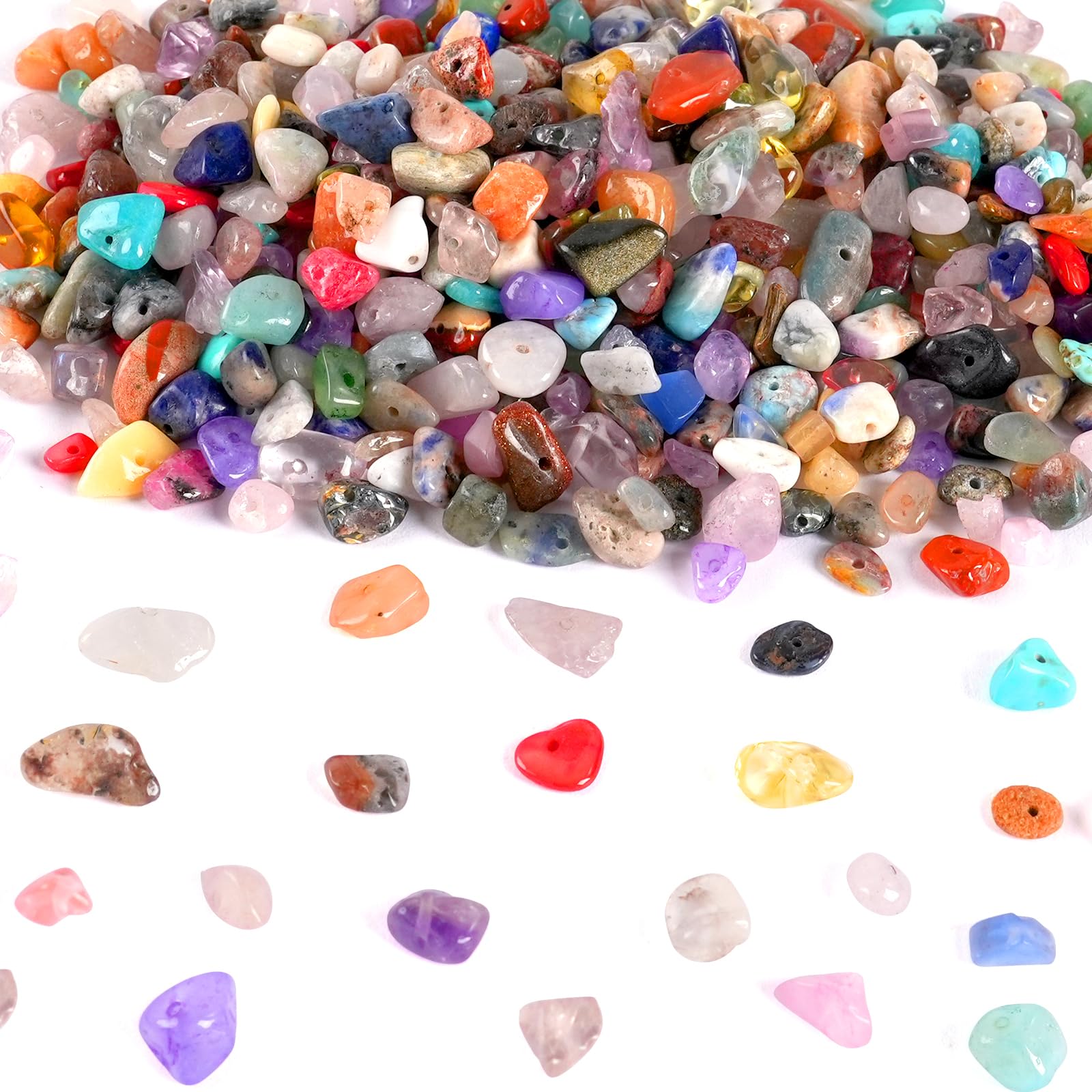 500pcs Natural Chip Stone Beads Multicolor 5mm to 8mm Irregular Gemstone Healing Crystal Loose Rocks Bead Hole Drilled DIY for Bracelet Necklace Earrings Jewelry Valentine's Day Making Craft