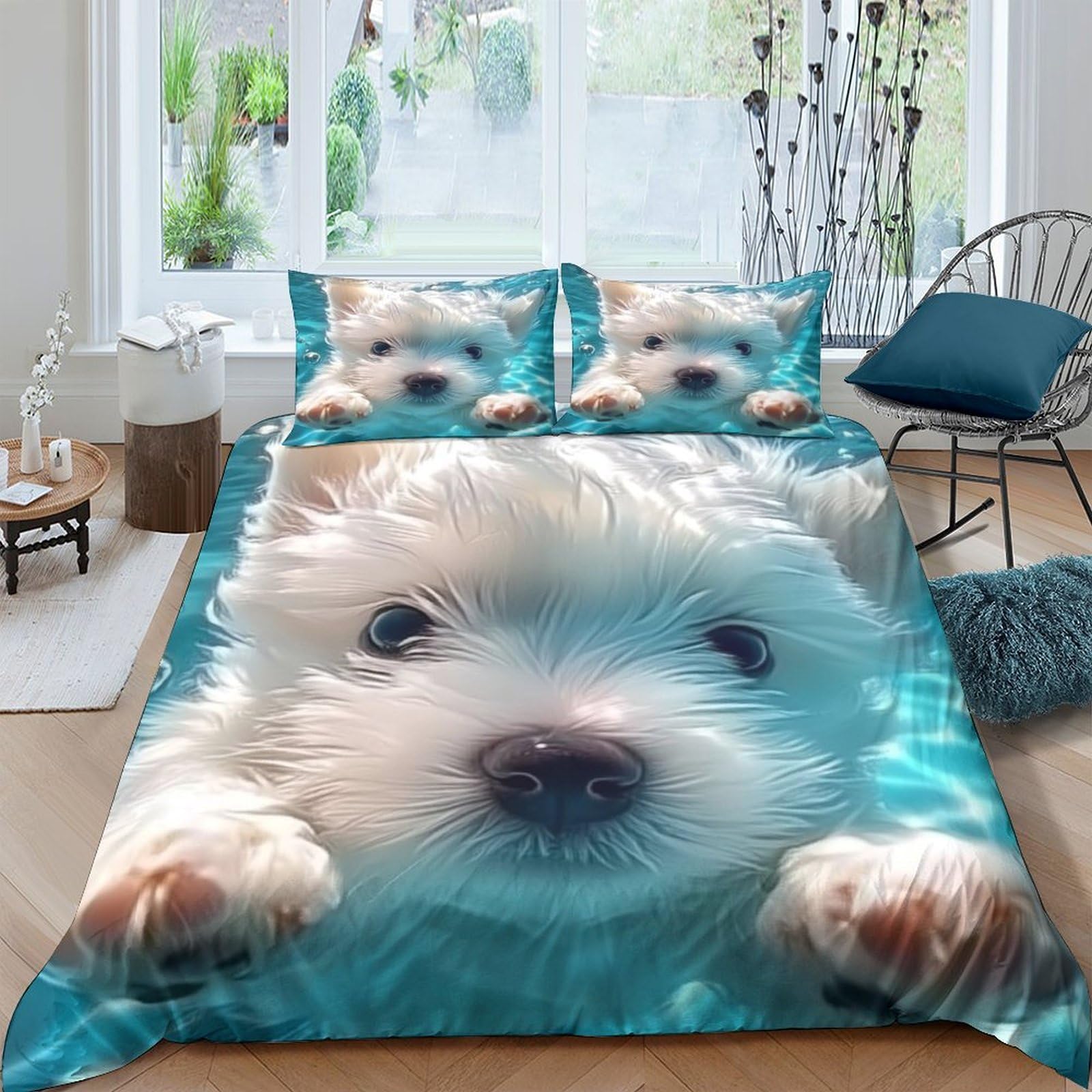 GPLZQXKJNH 3D Printed Cute Puppy Duvet Cover Microfiber Soft Breathable Dog Bedding Set with 2 Pillowcases for Bedroom Decor Single（135x200cm）