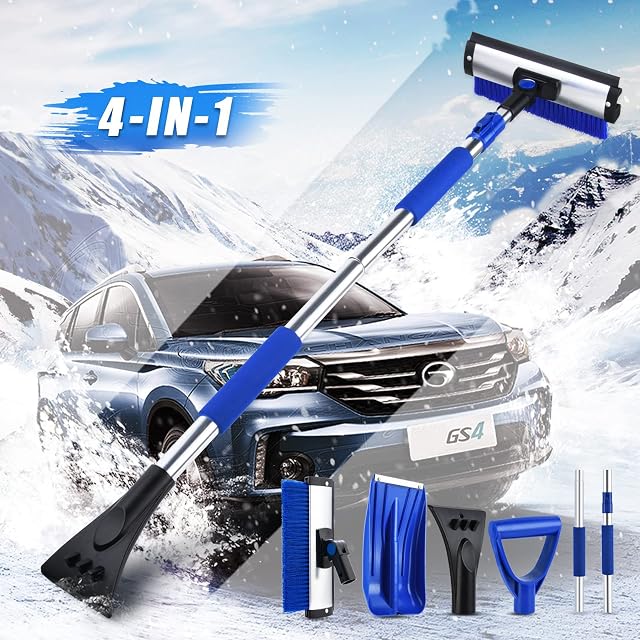 CHANGEMOORE 55" Non Scratch Car Ice Scraper for Car Windscreen, Anti-Break Extendable Snow Brush, Car Snow Shovel and Broom with Squeegee, 4 in 1 Emergency Snow Removal Set for vans, SUV, Trucks