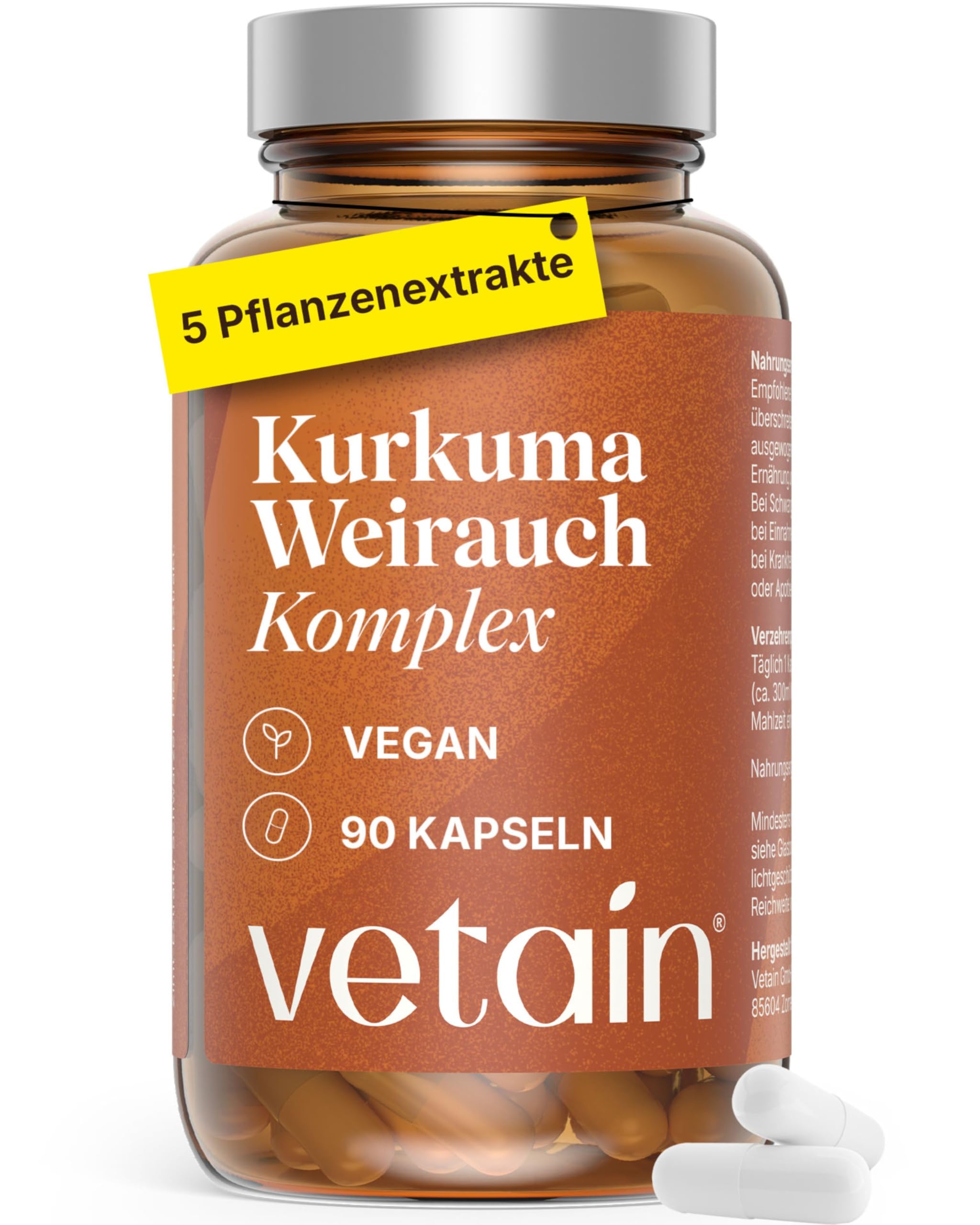 VETAIN Kurkuma Weihrauch Ingwer Komplex - 90 vegane Kapseln - 127mg Boswelliasäure & 105mg Curcumin - Mit Zimt & Piperin - hochdosiert & hoch bioverfügbar - produziert in Deutschland