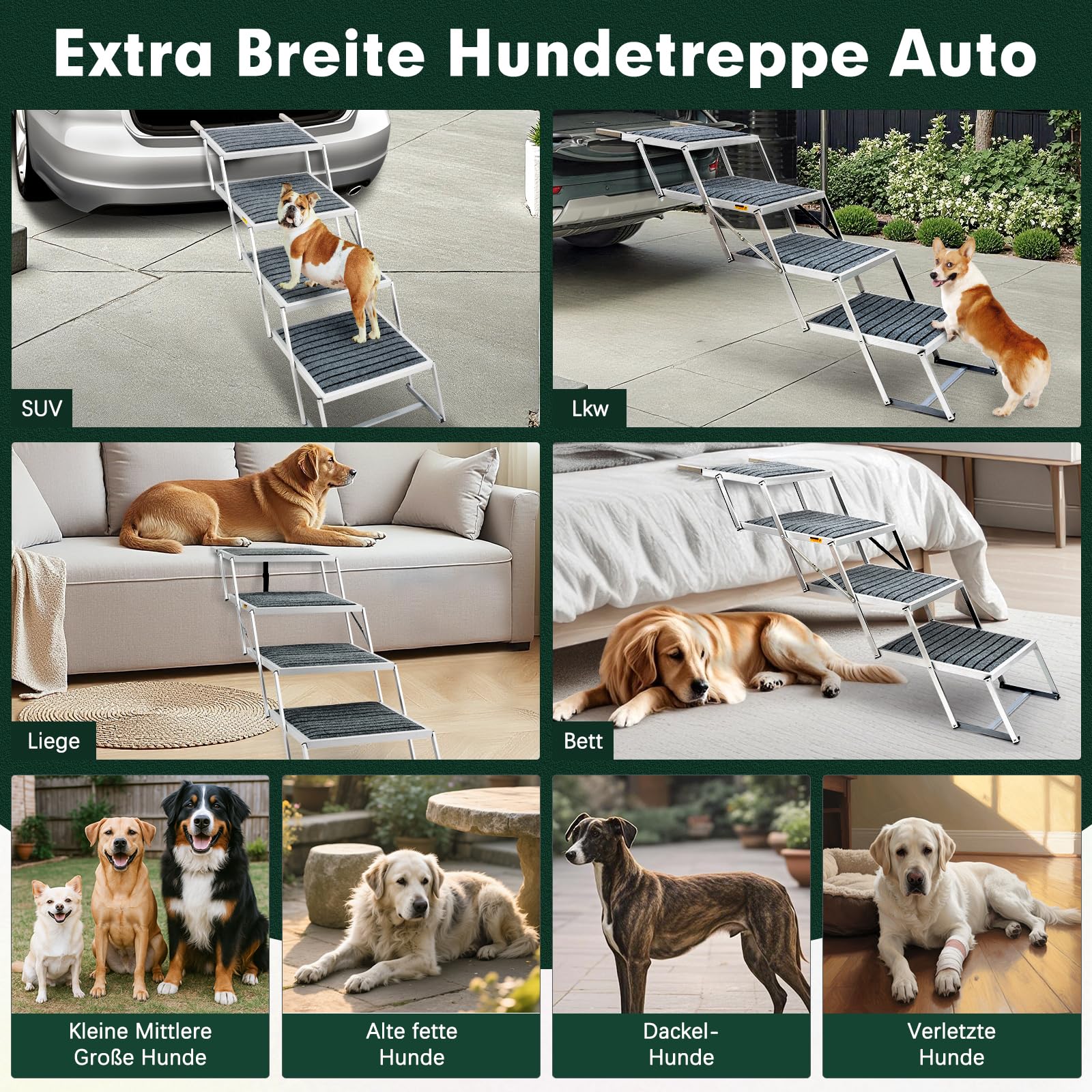 Escalier pour chien de voiture avec tapis, extra large à 4 marches, pliable, léger et antidérapant, pour camion et SUV, supporte jusqu'à 100 kg