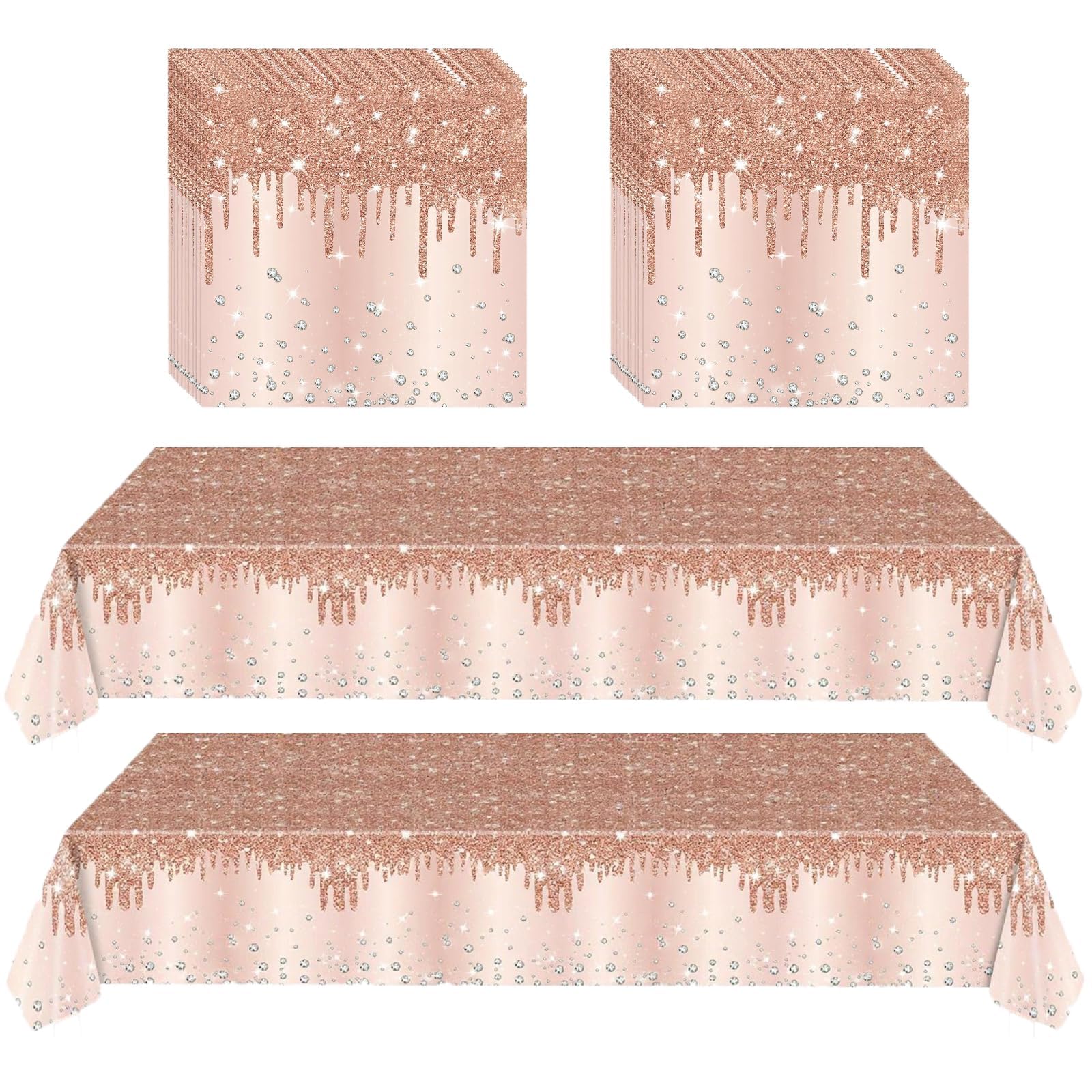 GHKJOK Rose Gold Glitter Plastic Table Cover with Elegant Dripping Sparkle Design - Waterproof Rectangular Vinyl Tablecloth for Wedding Birthday Party Dinner Decorations, Bridal Shower Event