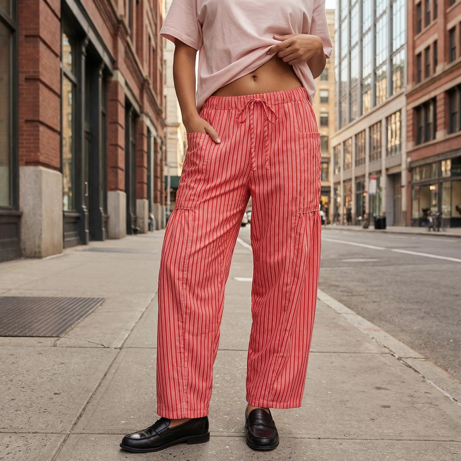 Sexy Outfit Pantalon Sarouel rayé en Coton et Lin pour Femmes, Ample, Jambes Larges, Cordon de Serrage, Pantalon de Plage avec Poches, vêtements de détente d'été