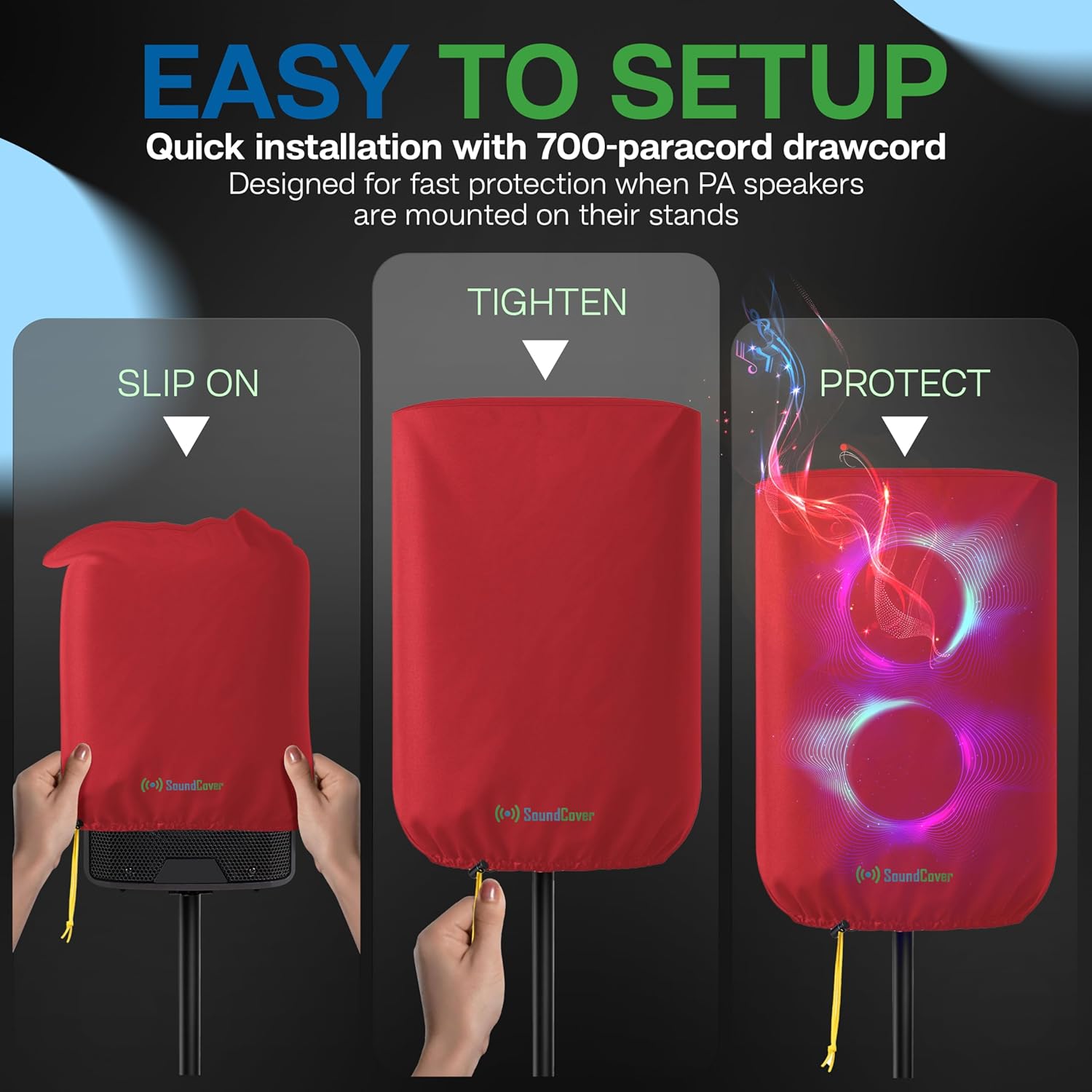 Professional Grade 600D Protective Cover for Stand Mounted 8" PA/DJ Powered Speaker - Red - Includes a 420D Storage Bag and reinforced yellow Paracord 700 draw cord