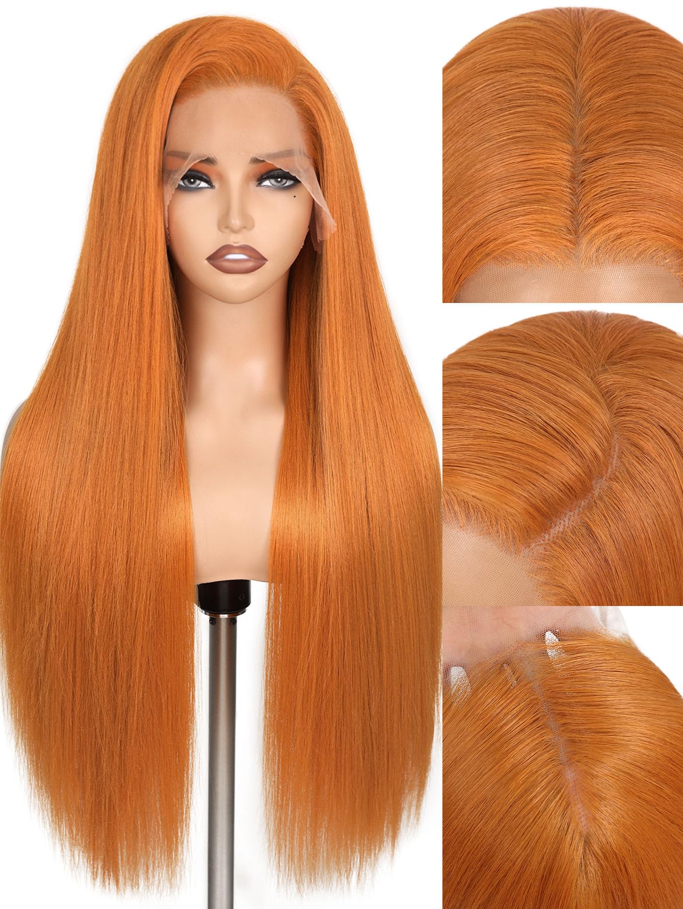 WIGNEE 13x6 Synthetische Spitze Frontperücke Vorgezogen Klebefreie Gerade Perücke 28 Zoll Lose Spitze Frontperücke mit Futura Haar Ginger