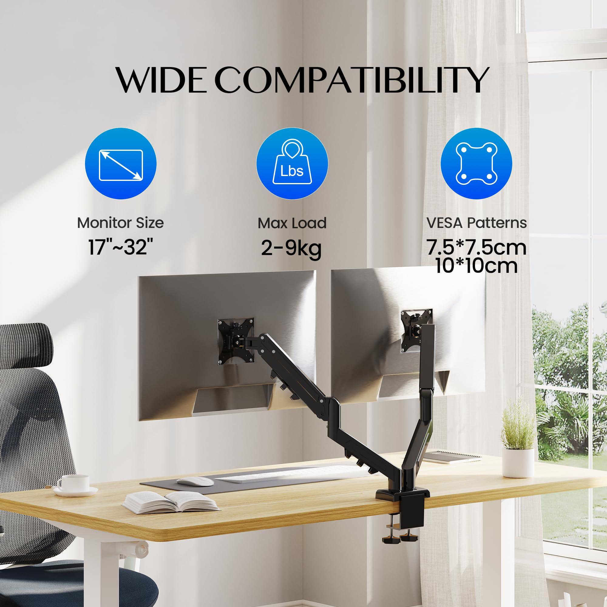 FlexiSpot Supporto monitor doppio 17-32″ – Braccio supporto monitor VESA 75/100 mm, regolabile in altezza, inclinazione, rotazione, estensione, fissaggio a clip, carico max. 9 kg