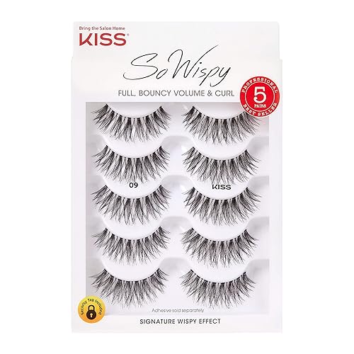 KISS So Wispy Pestañas postizas multipack #09, pestañas postizas ligeras fáciles de aplicar, 100% cabello humano natural libre de crueldad,