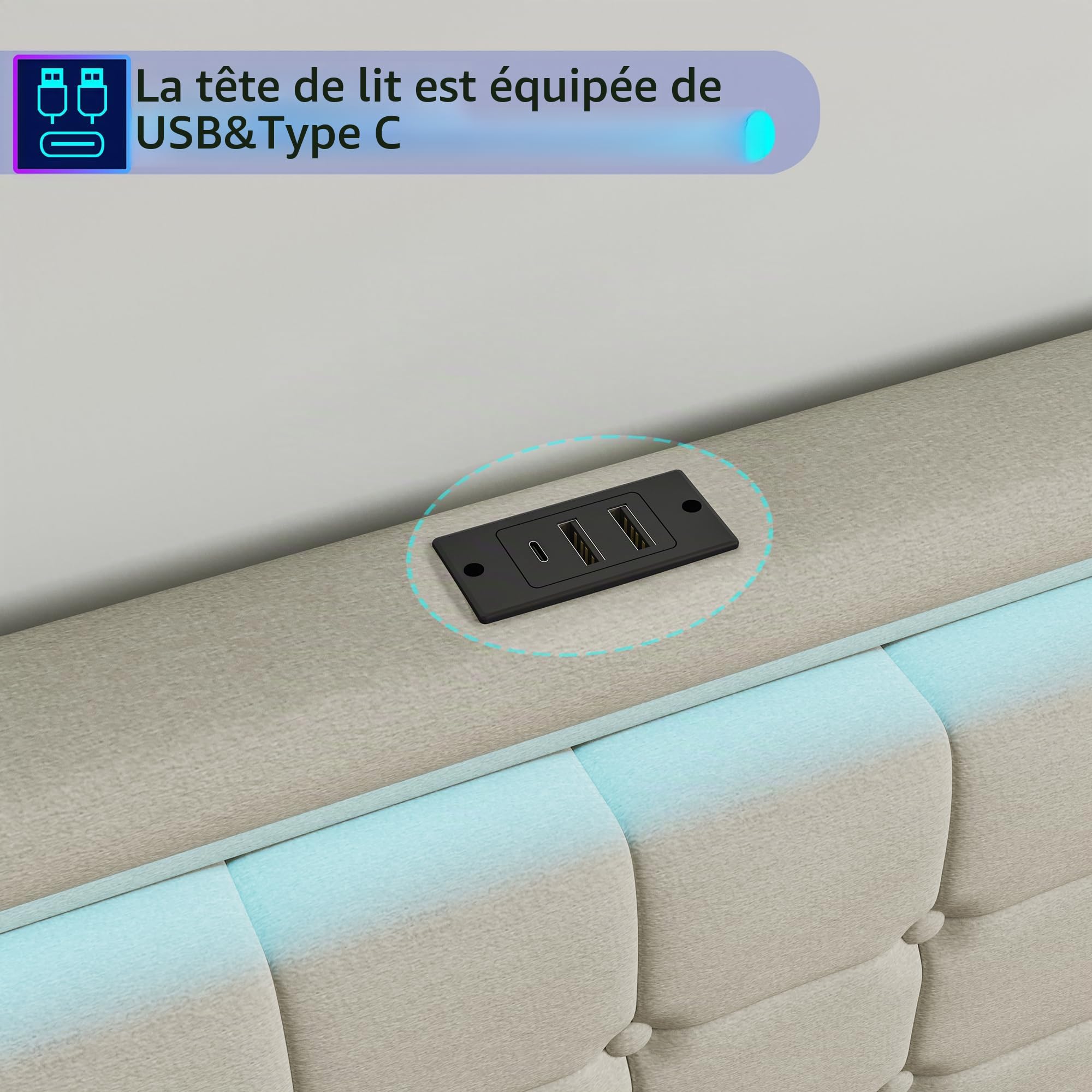 Lit Double 140x200cm avec LED et USB, Lit Rembourré avec 4 Tiroirs de Rangement, Cadre de Lit Moderne 2 Places pour Chambre Adulte et Adolescent,Beige Lin