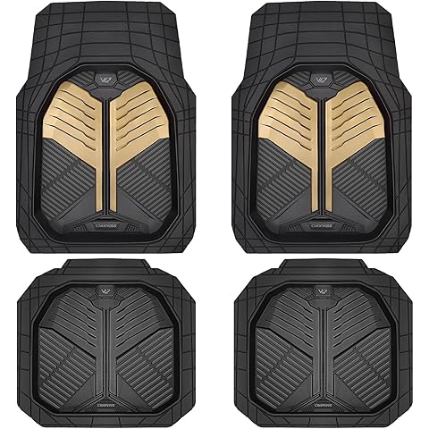 CAR PASS Heavy Duty Rubber Car Mats, Deep Dish Car Floor Mats All Weather, Car Mats Full Set 4-Piece Trim to Fit for Sedans SUVs Trucks, Waterproof Anti-Slip Automotive Mats, V12 Black Champagne Gold