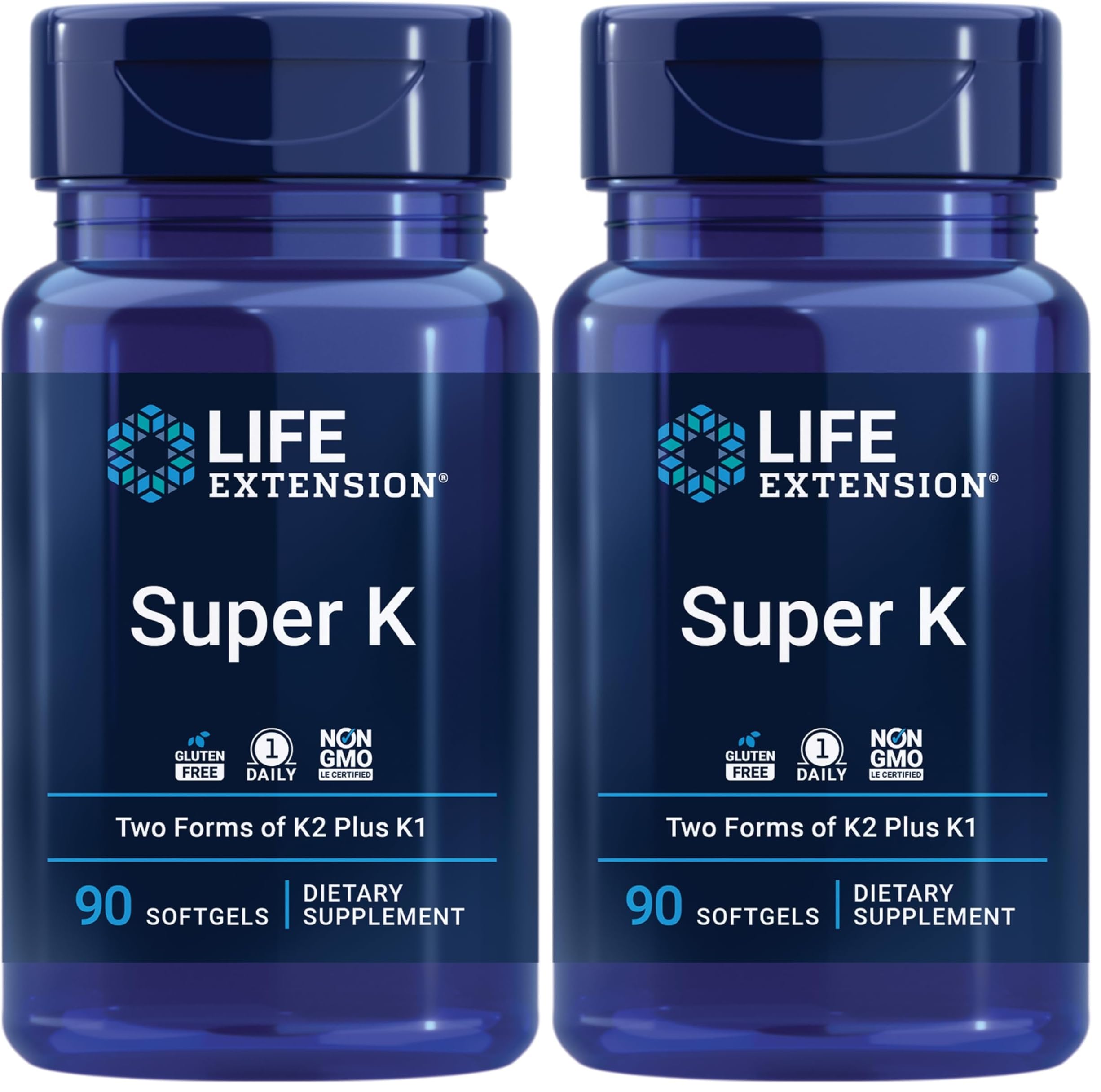 Life ExtensionSuper K, Vitamin K1, Vitamin K2 mk-7, Vitamin K2 mk-4, Vitamin C, Bone/Heart/arterial Health, 3-Month Supply, Gluten-Free, 1 Daily, Non-GMO, 90 softgels (Pack of 2)