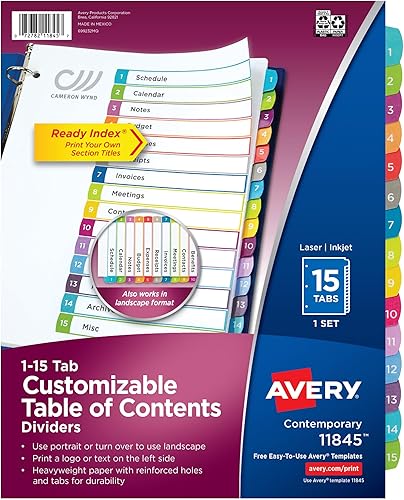 Avery Separadores para carpetas de 3 anillos, 15 pestañas por juego, tabla de contenido personalizable, pestañas arqueadas multicolor, ideal para