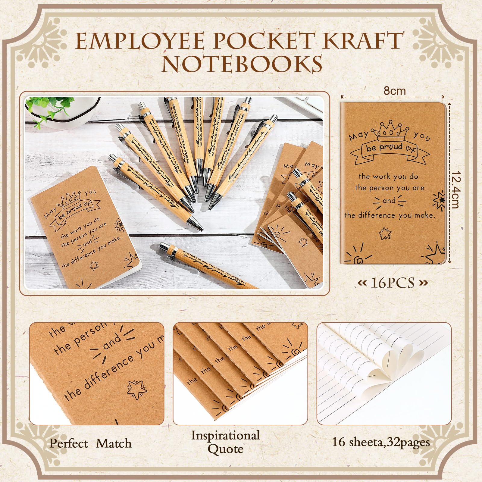 Tenare 32 Pcs Employee Appreciation Gifts Bulk Include 16 Kraft Inspirational Notebooks Small Pocket Journal Notepads and 16 Motivational Pens Bamboo Ballpoint Pens for Women Teacher Coworker - Image 4