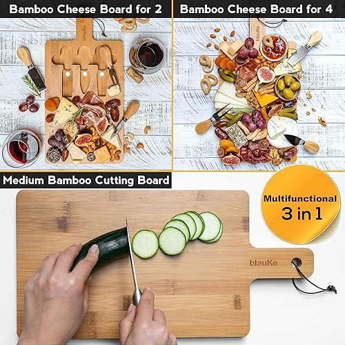 Miniatura 7 de BlauKe - Tabla de queso de bambú con cubiertos (incluye 3 cuchillos de queso)