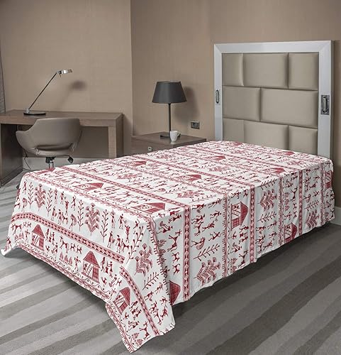 Ambesonne Red and White Flat Sheet, Native Prehistoric Art with Tribal People and Animals Cave Drawing Style Prints, Soft Comfortable Top Sheet