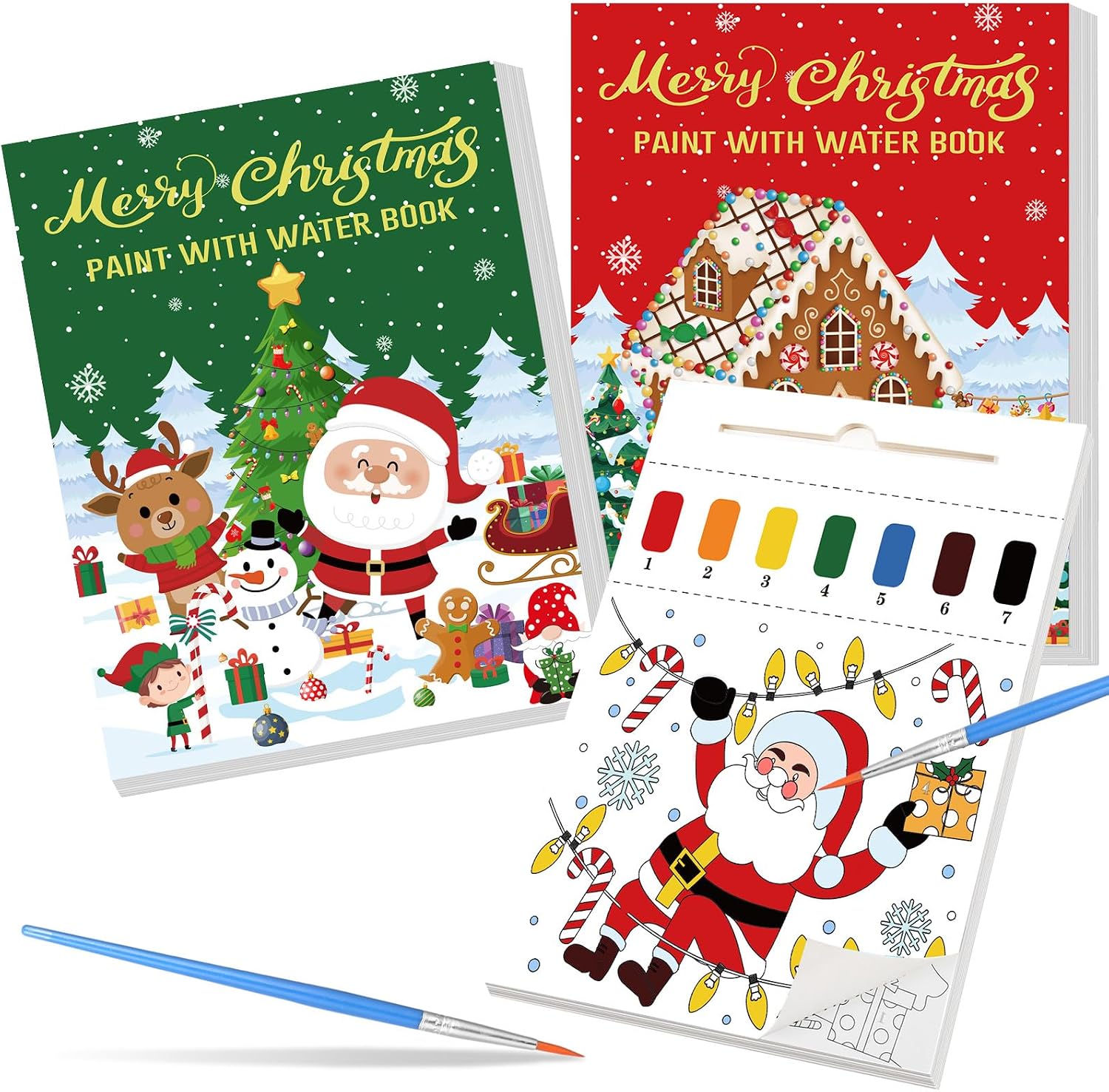 Pasimy 2 Pcs Christmas Paint with Water Coloring Books Xmas Watercolor Painting Books Christmas Stocking Stuffers Coloring Gifts Birthday Party Favors for Xmas Holiday Activity Supplies