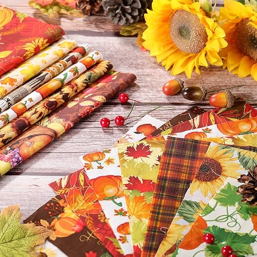 Miniatura 4 de Tegeme 30 piezas de tela de otoño cuadrados de algodón, 15 estilos de Acción de Gracias, paquetes de tela surtida de Halloween, calabaza, pavo, arce
