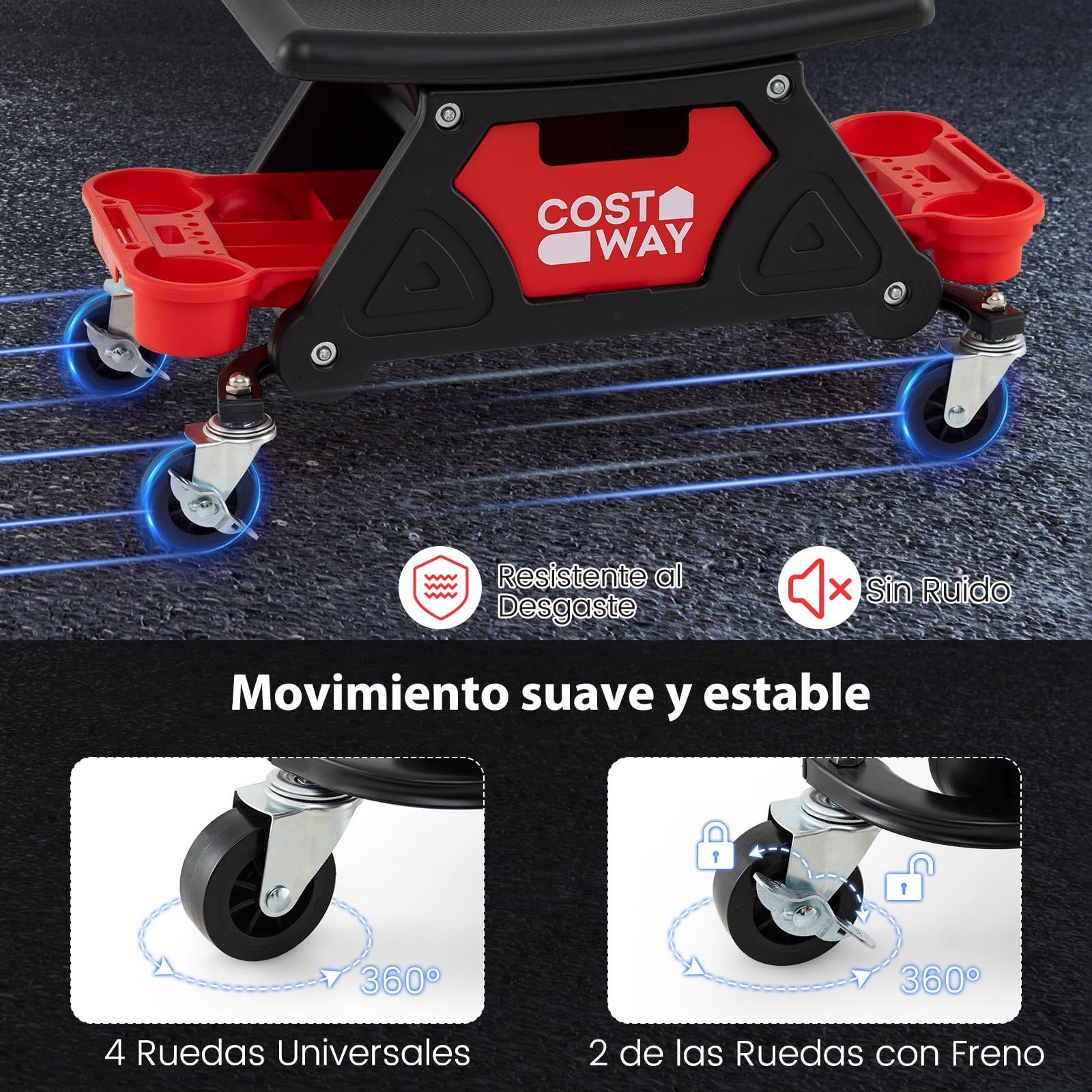 COSTWAY Taburete de Taller con Ruedas, Taburete Mecánico con Ruedas, Cajón Deslizante y 2 Bandejas Compartimentadas, Asiento Automotriz para Reparación de Autos, Capacidad de 135KG