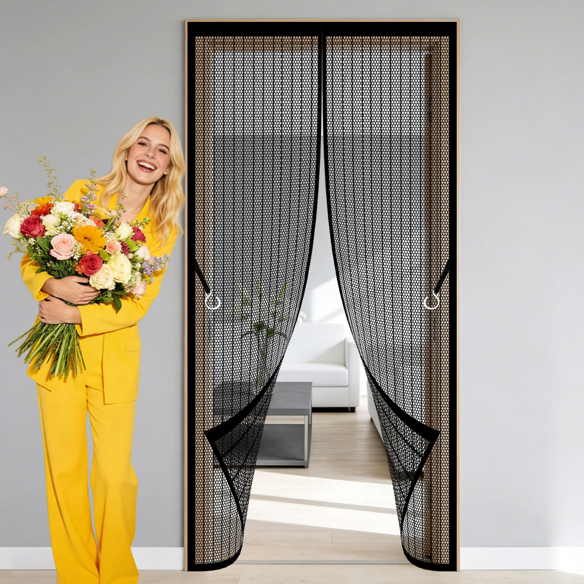 Magnetic Fly Screen 129 x 270 cm No Tools Installation Fly Screen Curtain Keep Fresh Air in Bugs Out for Living Room, Bedroom, Patio, Black