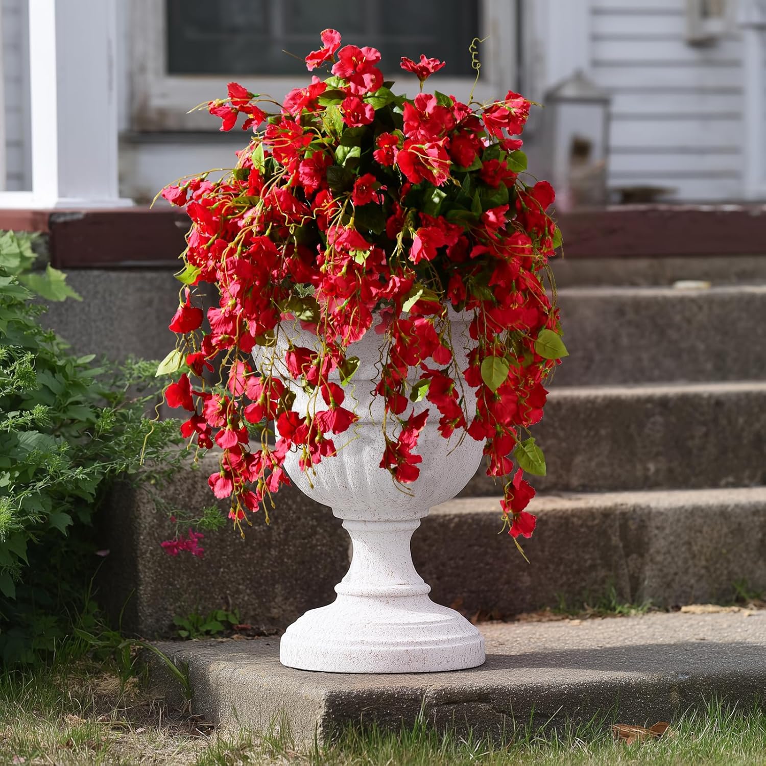 Hibiscus Artificial Hanging Flowers Plants for Outdoors 4 Pcs Fake Flower Faux Silk Hibiscus Long Trailing Vines Realistic Flower for Outside Front Door Porch Patio Balcony Garden Yard (4 Pcs Red)