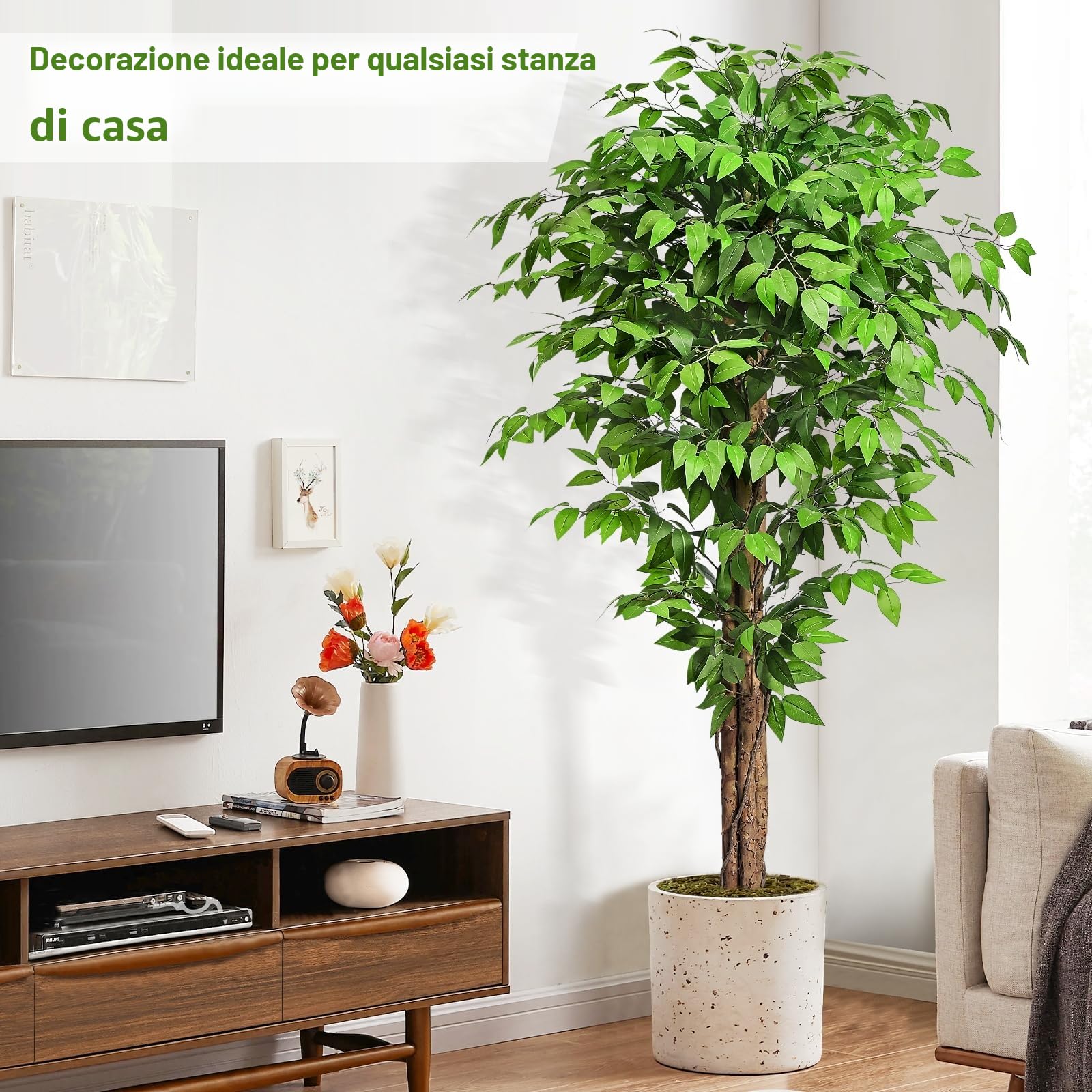 Ficus Artificiale Pianta 180cm alta, Piante Finte da Interno Grandi con Tronchi Natural Ha 1300 Foglie, Albero Artificiale Interni Per Soggiorno Ufficio Giardino Dec