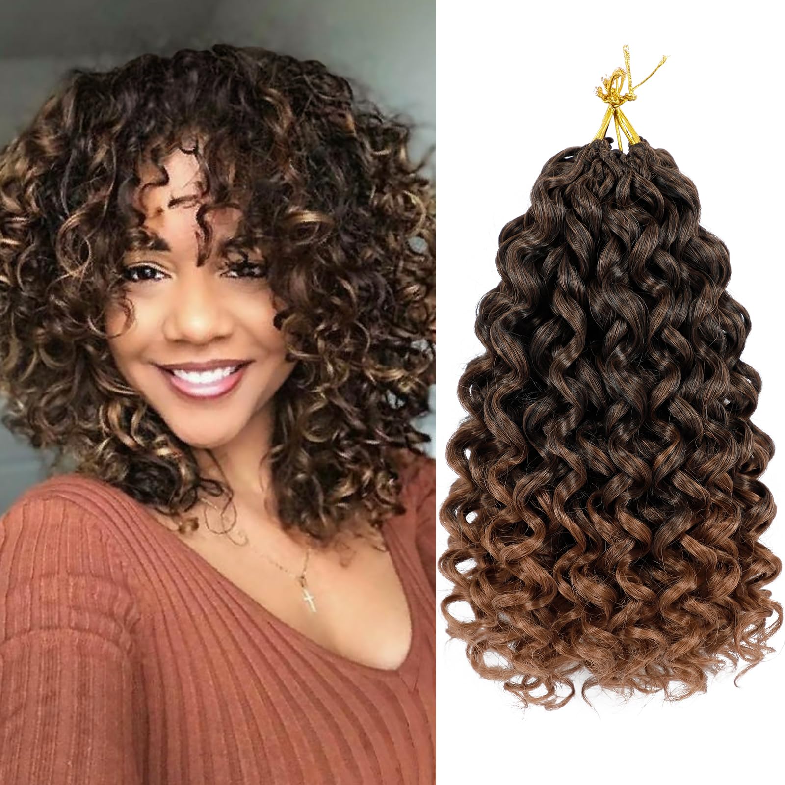 Vomella GoGo Curl Crochet Hair 8 Packs 10 Inch Water Wave Curly Crochet Hair for Black Women Ombre Brown Short Beach Curl Synthetic Deep Twist Crochet Hair Extensions T30