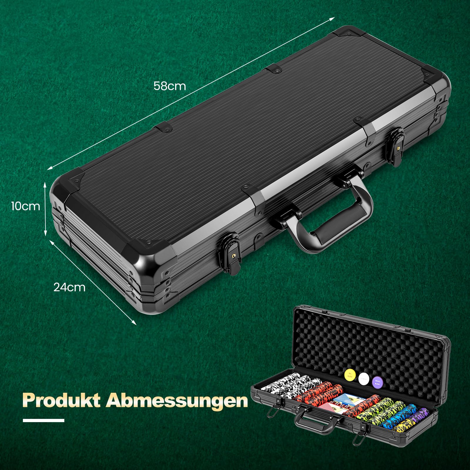 GOPLUS Zestaw do pokera z 300 laserowymi żetonami do pokera, 14 g żetonami, 2 taliami kart, 3 przyciskami dystrybutora i 5 kostkami, kompletny zestaw do pokera z zamkiem