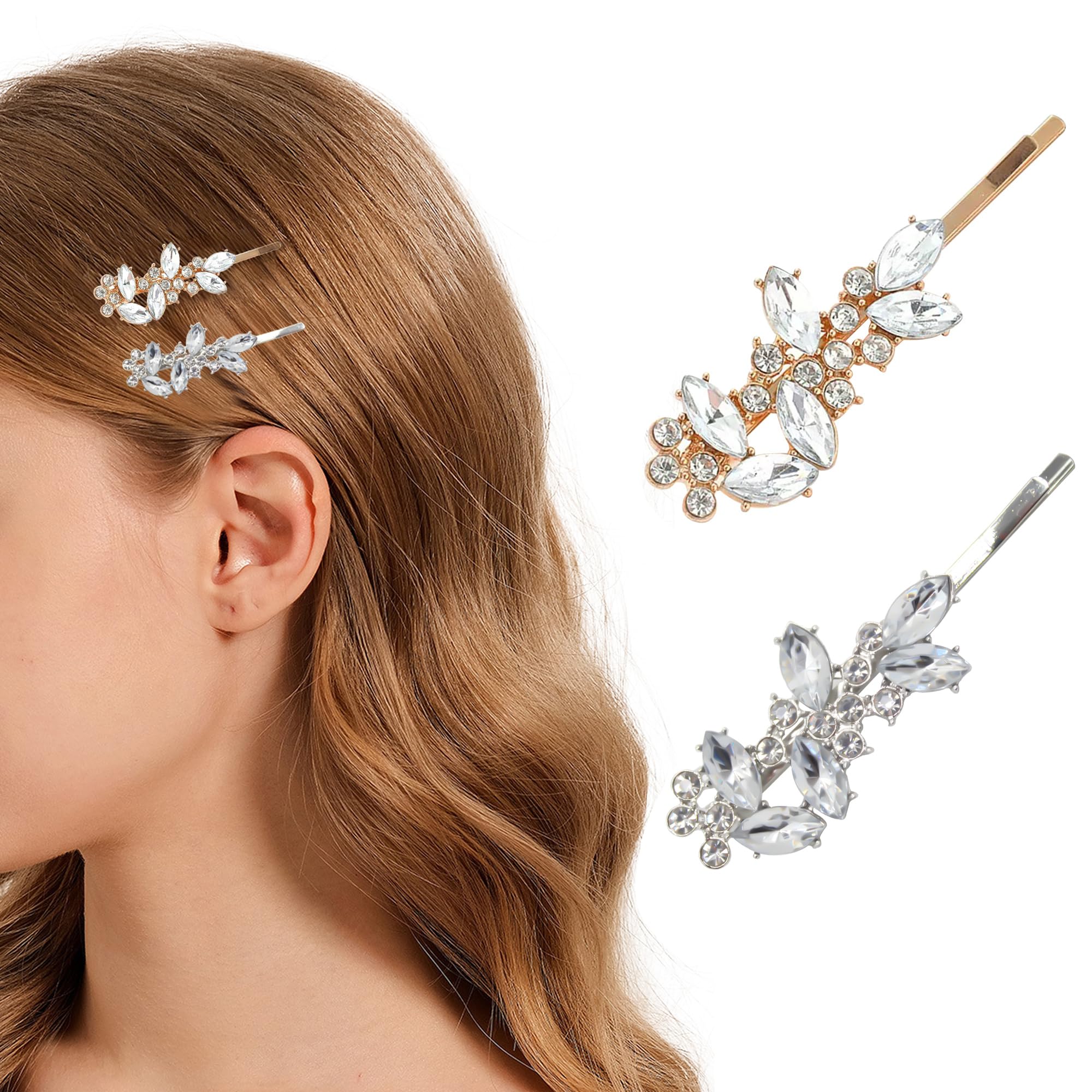 2PCS Diamante Hair Clips for Women Silver Bridal Hair Clips Gold Sparkly Wedding Faux Flower Hairpins Rhinestone Headpiece for Brides Bridesmaids Girls 1pcs Gold 1pcs Silver