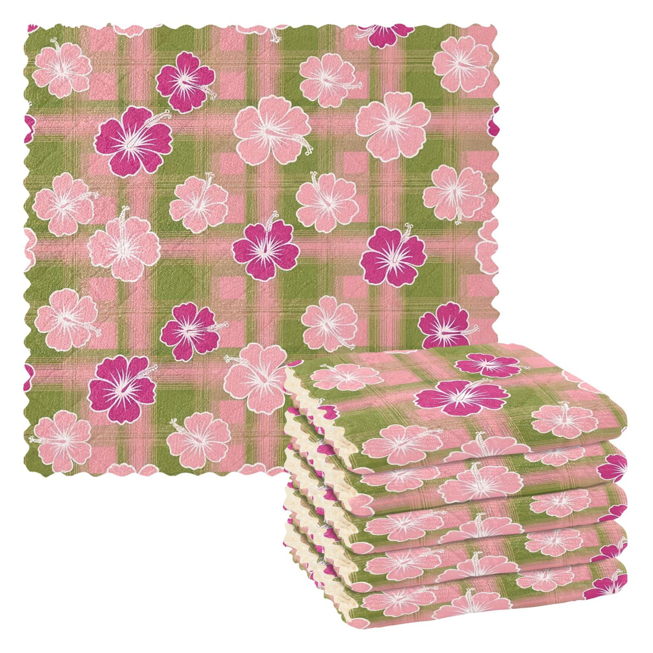 Fuauuyl Hibiscus Plaid Kitchen Dish Towel Set of 6, Soft Absorbent Washable Cleaning Cloths Dish Rags Tea Bar Drying Towels, 11x11 In