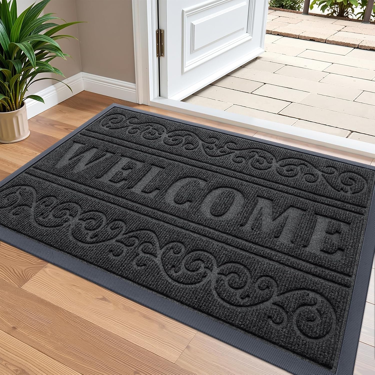 olanly welcome door mat indoor outdoor entrance, heavy duty sturdy front door mat, waterproof all-weather doormat, stain resistant, low profile, easy clean patio entryway mat, 36 x 24, black black welcome 36" x 24"
