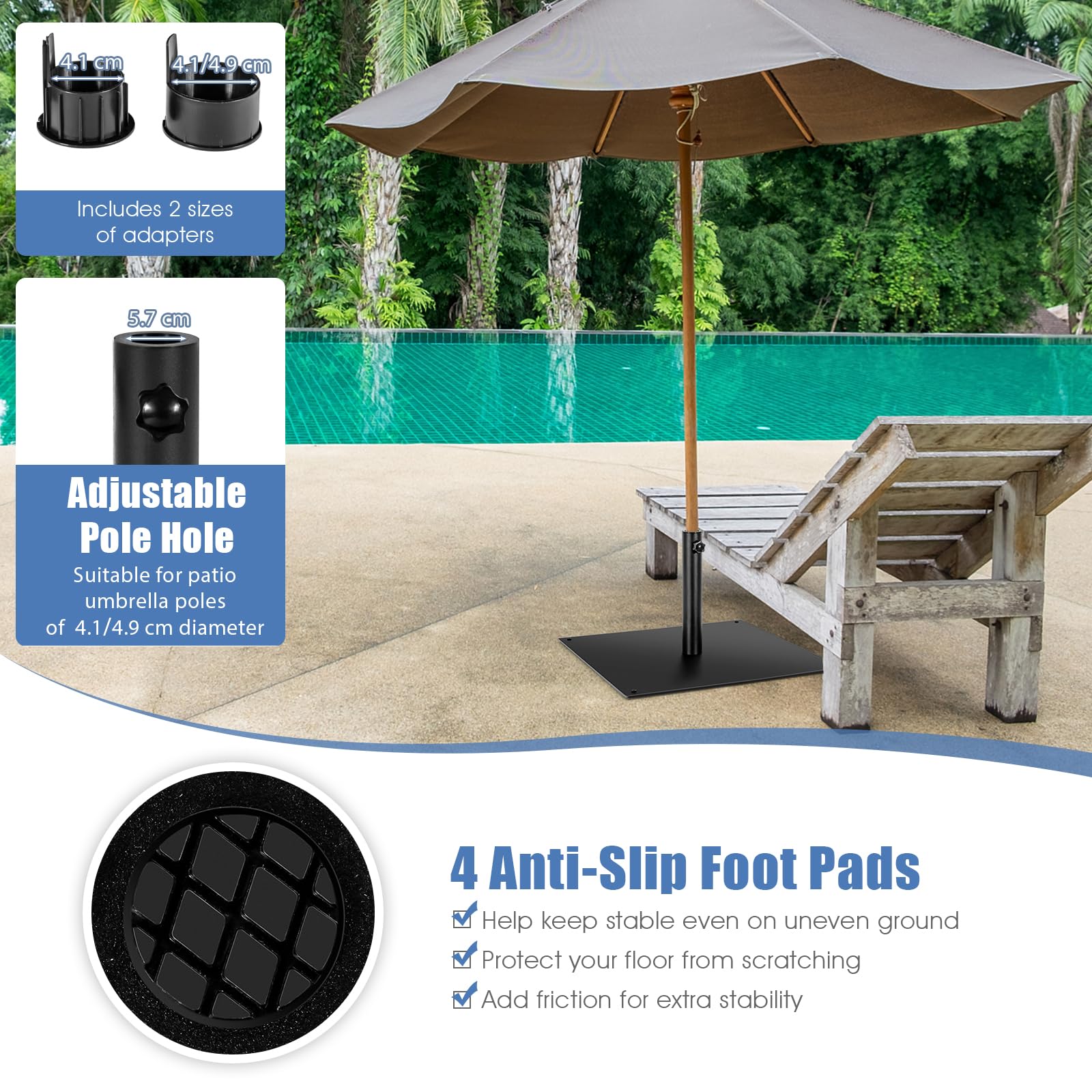 Wytrzymała podstawa parasola 16 kg/19 kg, kwadratowy, zewnętrzny stojak na parasol z 4 regulowanymi podkładkami, do ogrodu, patio, rynku, uchwyt na parasol (63 x 63 x 35 cm)