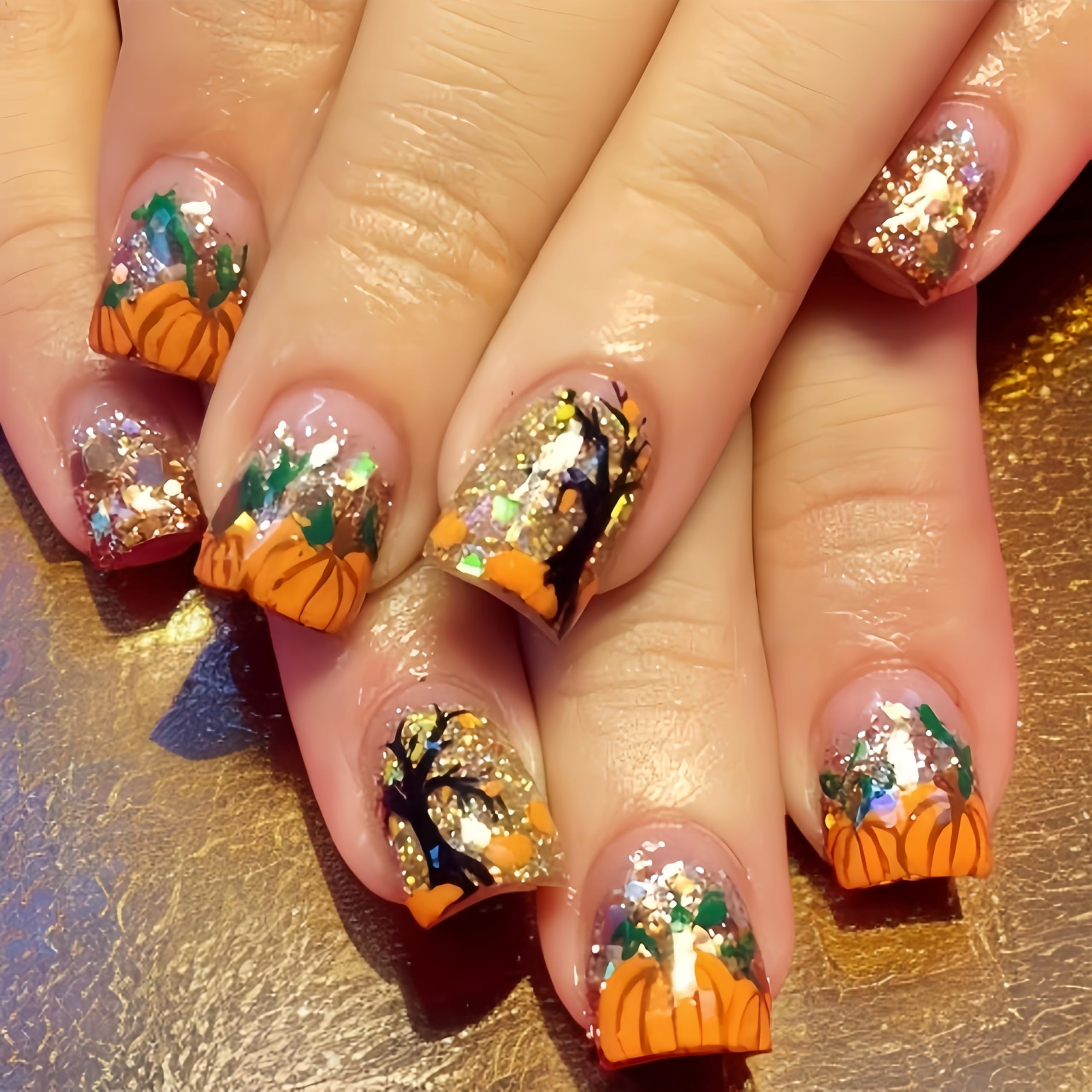 24Pcs Pumpkin Nails Halloween Press on Nails Short Square Fake Nails with Gold Glitter French Pumpkin Tree Designs False Nail Full Cover Artificial Glue on Nail Cute Fall Stick on Nail for Women