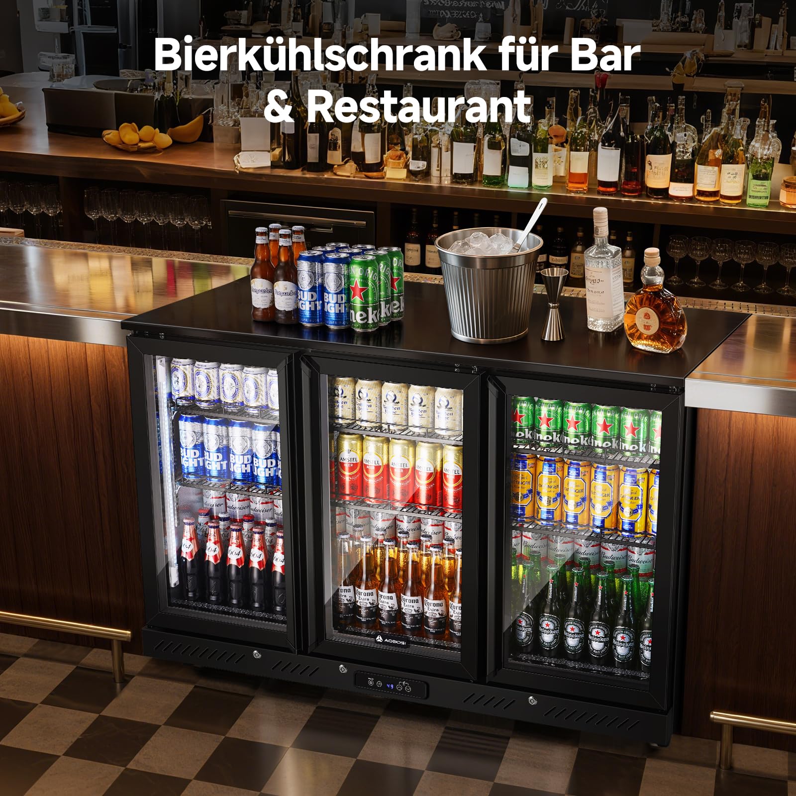 AAOBOSI Bierkühlschrank 339L Touch-Display 0–10°C LED-Seitenbeleuchtung Automatische Abtauung Sicherheitsschloss