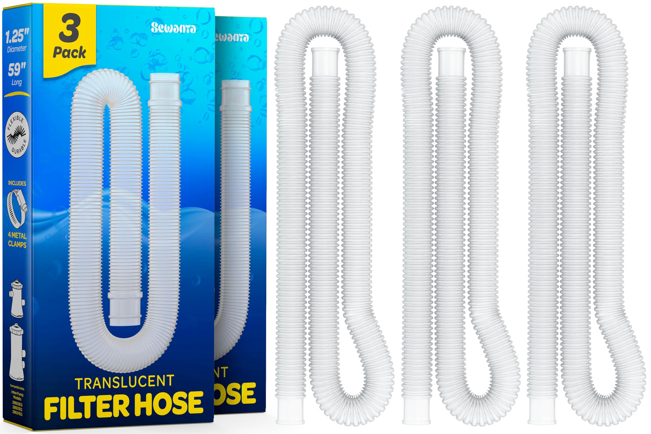 replacement hose for above ground pools [set of 3] 1.25" diameter, 59" long accessory pool pump replacement hose - filter pump hose compatible with intex pump models #607/#637