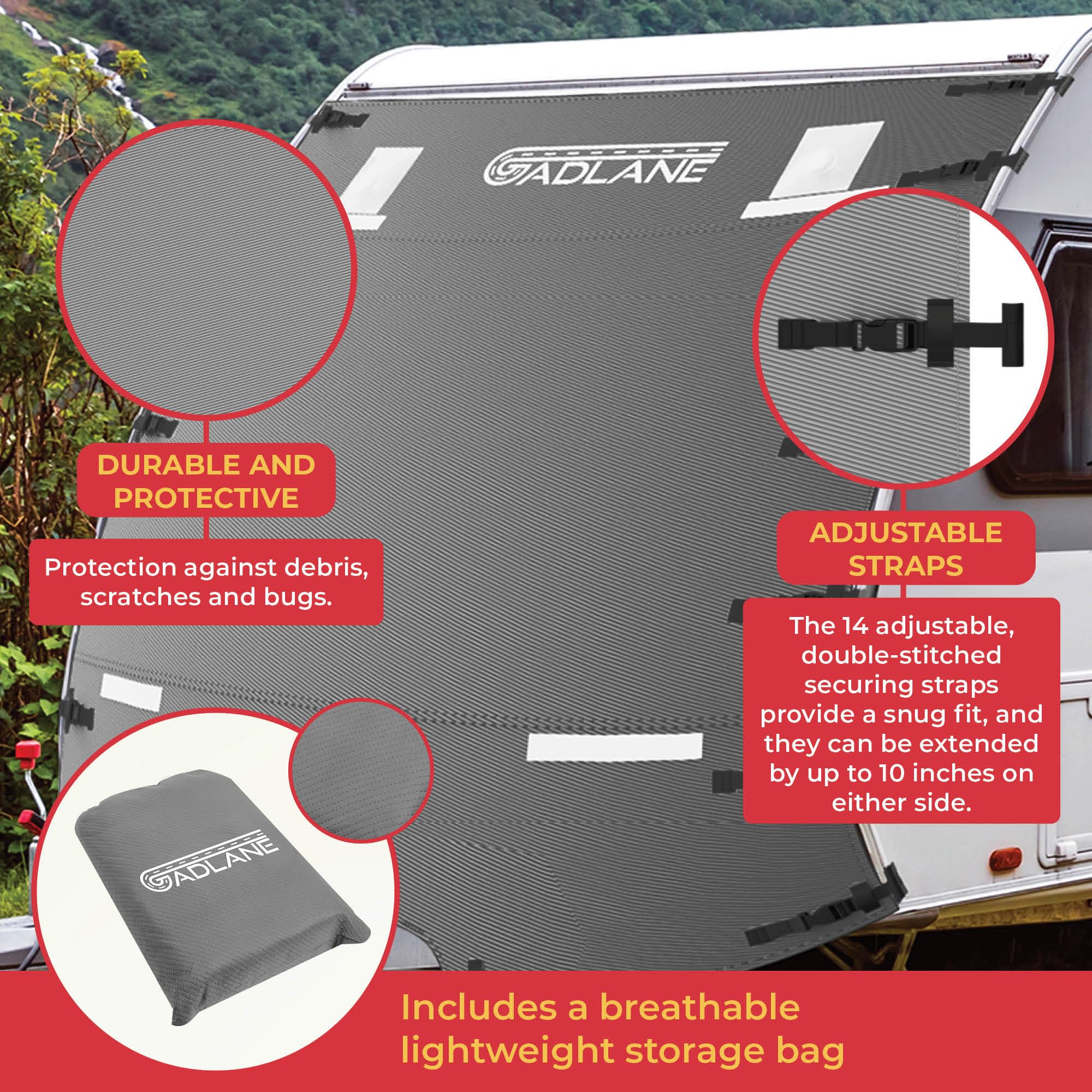 GADLANE Copertura anteriore per caravan, protezione anteriore per rimorchio, con luci LED ad alta visibilità e strisce riflettenti, impermeabile, adatta alla maggior parte delle roulotte – include
