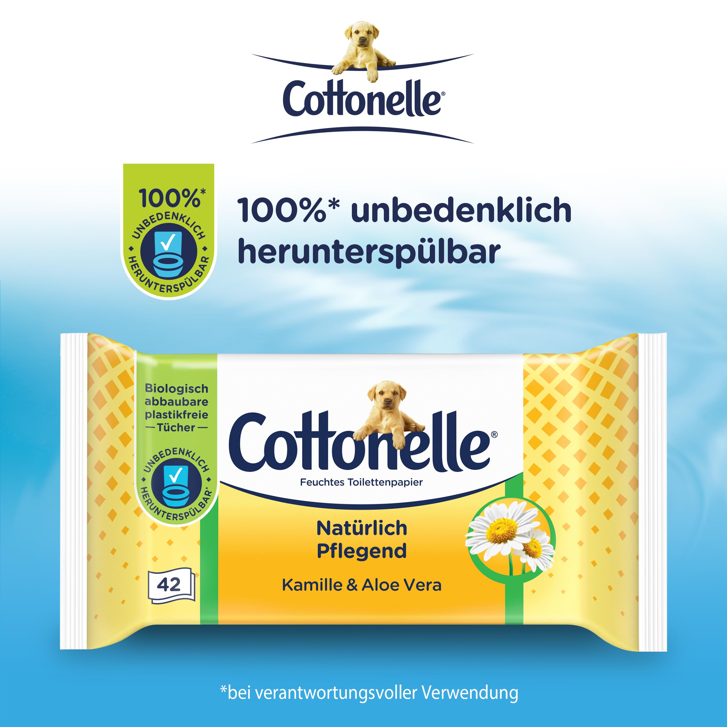 Cottonelle Carta igienica umida, naturale nutriente, camomilla e aloe vera, biodegradabile, senza plastica, richiudibile, confezione conveniente, 12 x 42 salviettine umidificate