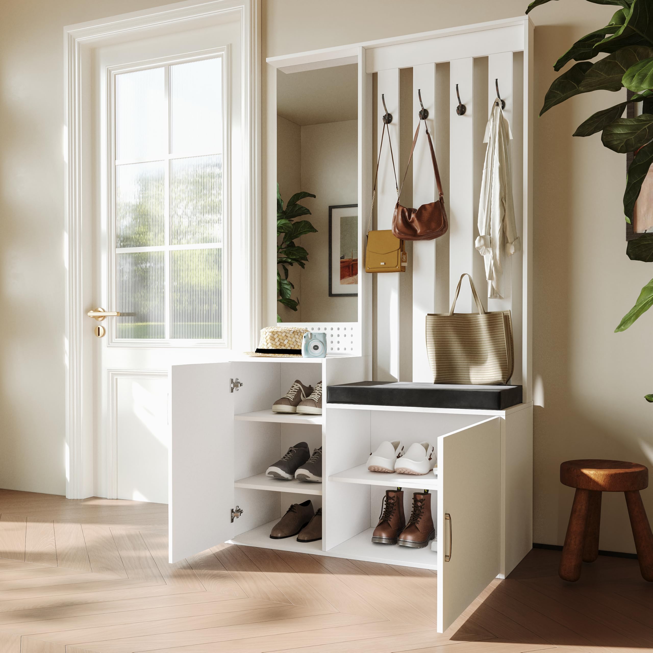 Mueble Zapatero Recibidor, Perchero con Banco para recibidor Zapatero Perchero EntradaRecibidor con Ganchos Espejo y Cajones 180x40x100 cm ArmarioZapatero de Madera Armario Independiente
