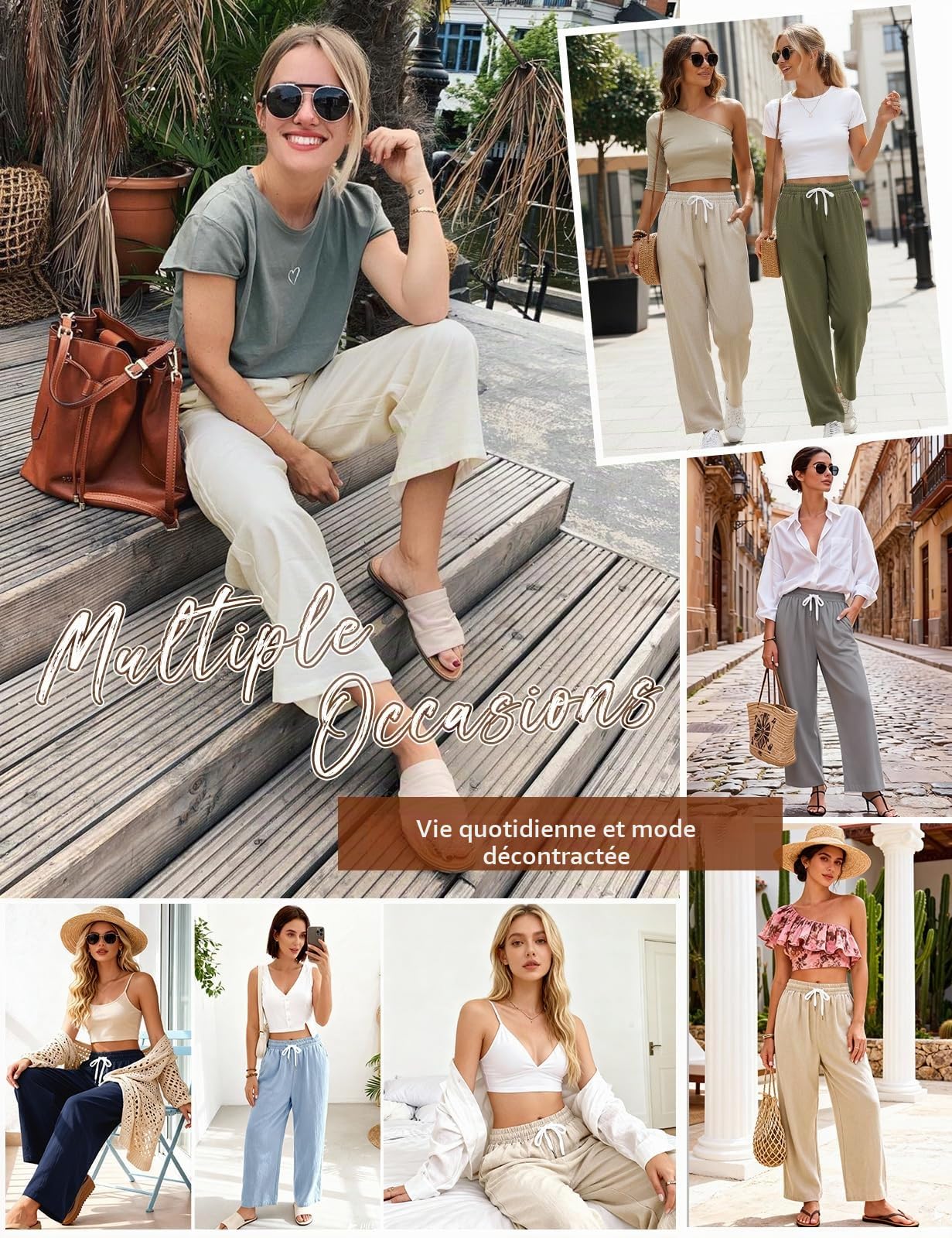 Pantalon Femme Été 7/8 Fluide Léger Coton Pantalons Décontractée Ample Droit Pantacourt Taille Haute Elastique Palazzo Chic et Elegant Travail Longueur Pants avec Poches