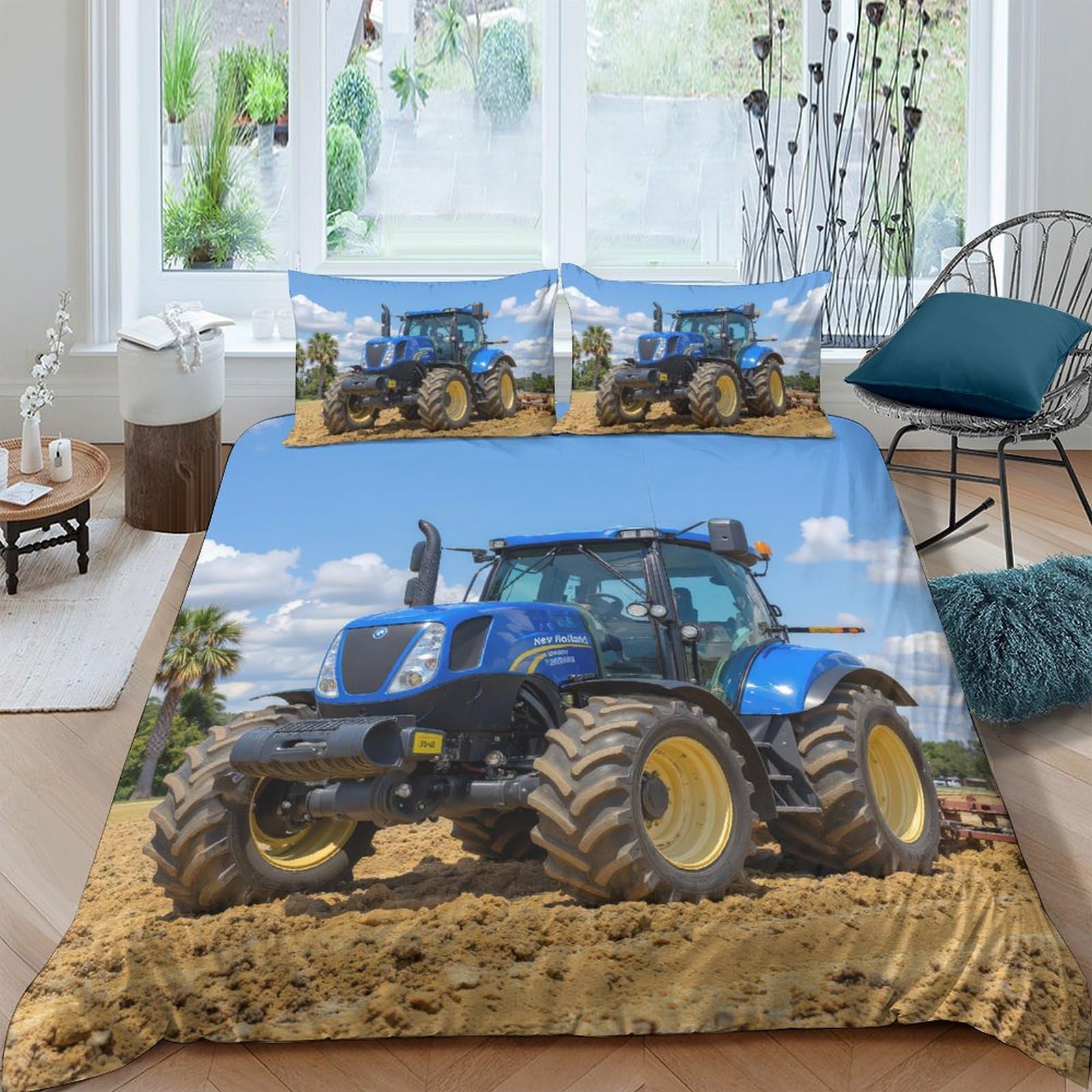 Ctjqhvkz Style-6 3D Printed Blue Tractor Fitted Sheet Microfiber Durable Farm Field Bed Cover For Bedroom Dorm Mattress Protection Decor Single（135X200cm）