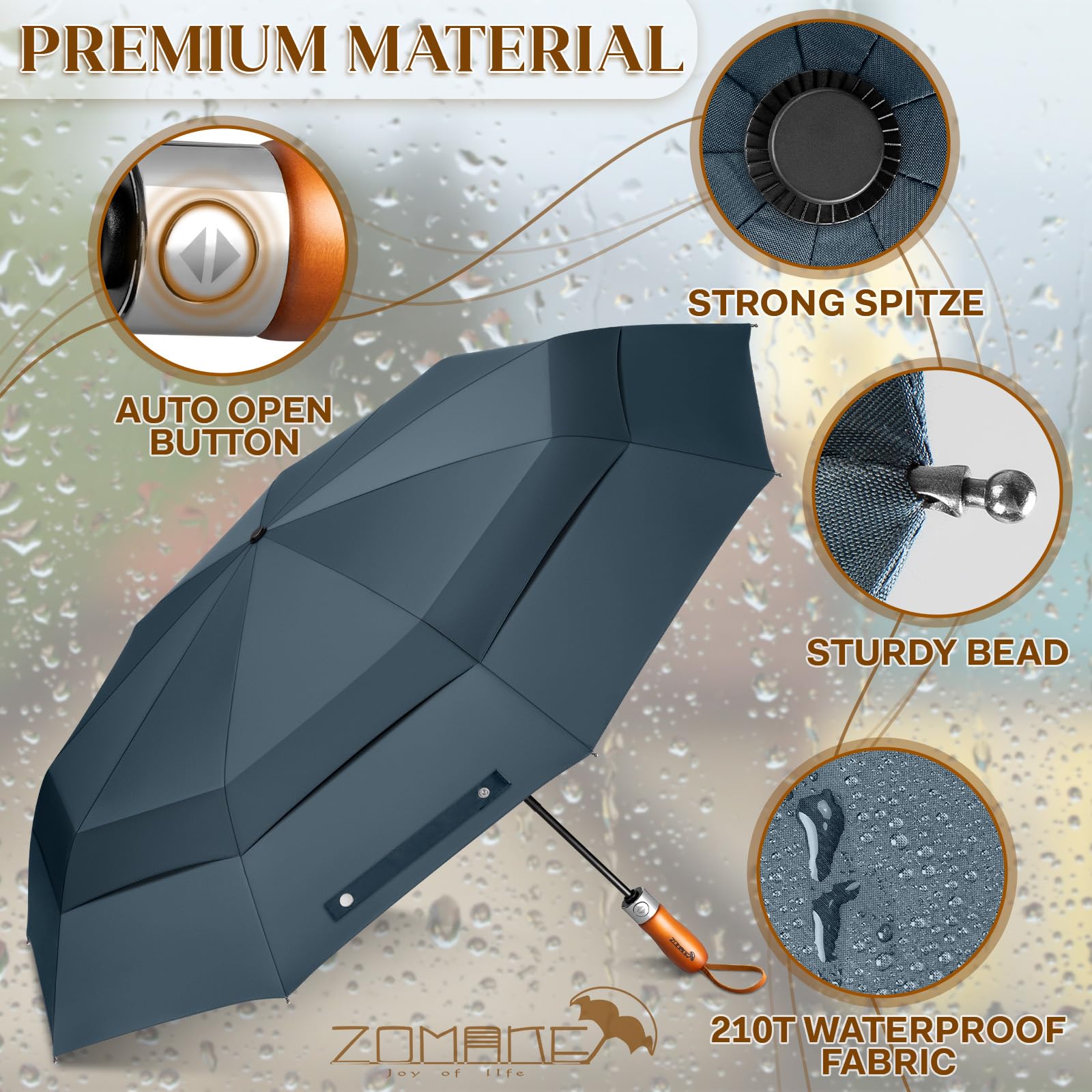 ZOMAKE Ombrello Pieghevole 54 Inch,Ombrello Pioggia Antivento Robusto 134cm con Doppia Tettoia,Ombrelli Pioggia da viaggio Resistenti Da Viaggio Con Manico in Legno per Uomo Donna