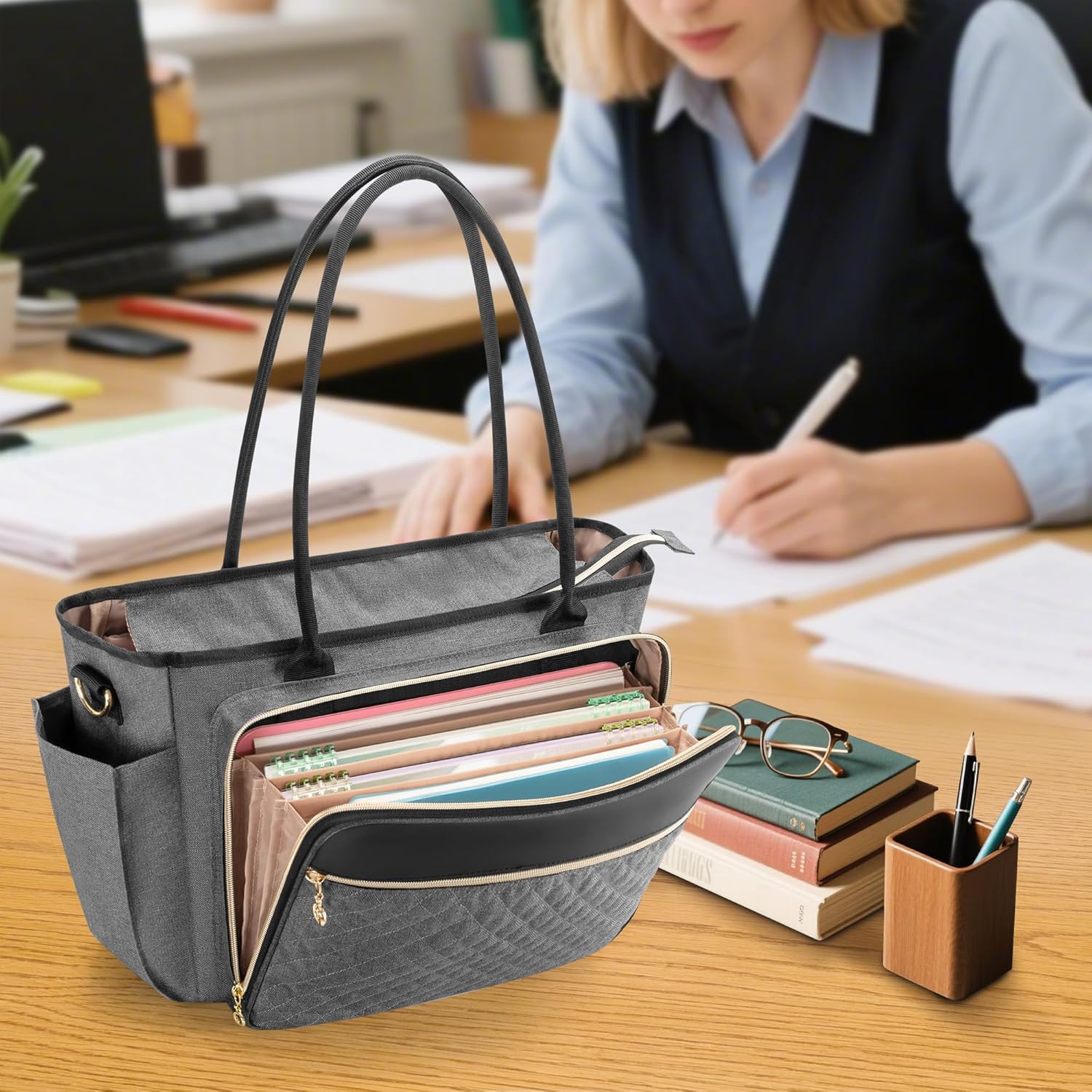 LUXJA Teacher Tote Bag with Accordion File Pocket, Teacher Bag for Women with 15.6 Inch Laptop Compartment, Gray - Image 3