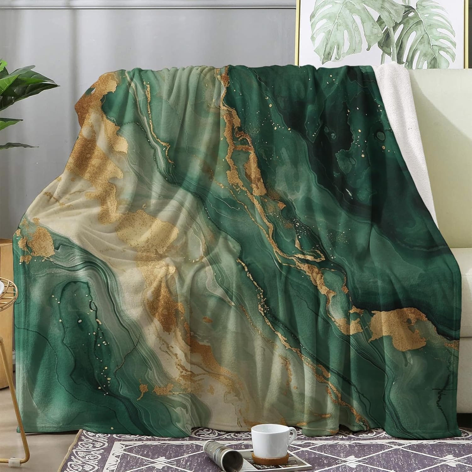 Teal Blue Orange Marble Blanket Twin for Bed, Abstract Modern Texture Blankets for Couch, Soft Flannel Warm Cozy Fuzzy Blanket for Sofa, Lightweight Decor Blanket All Season, 60" x 80"