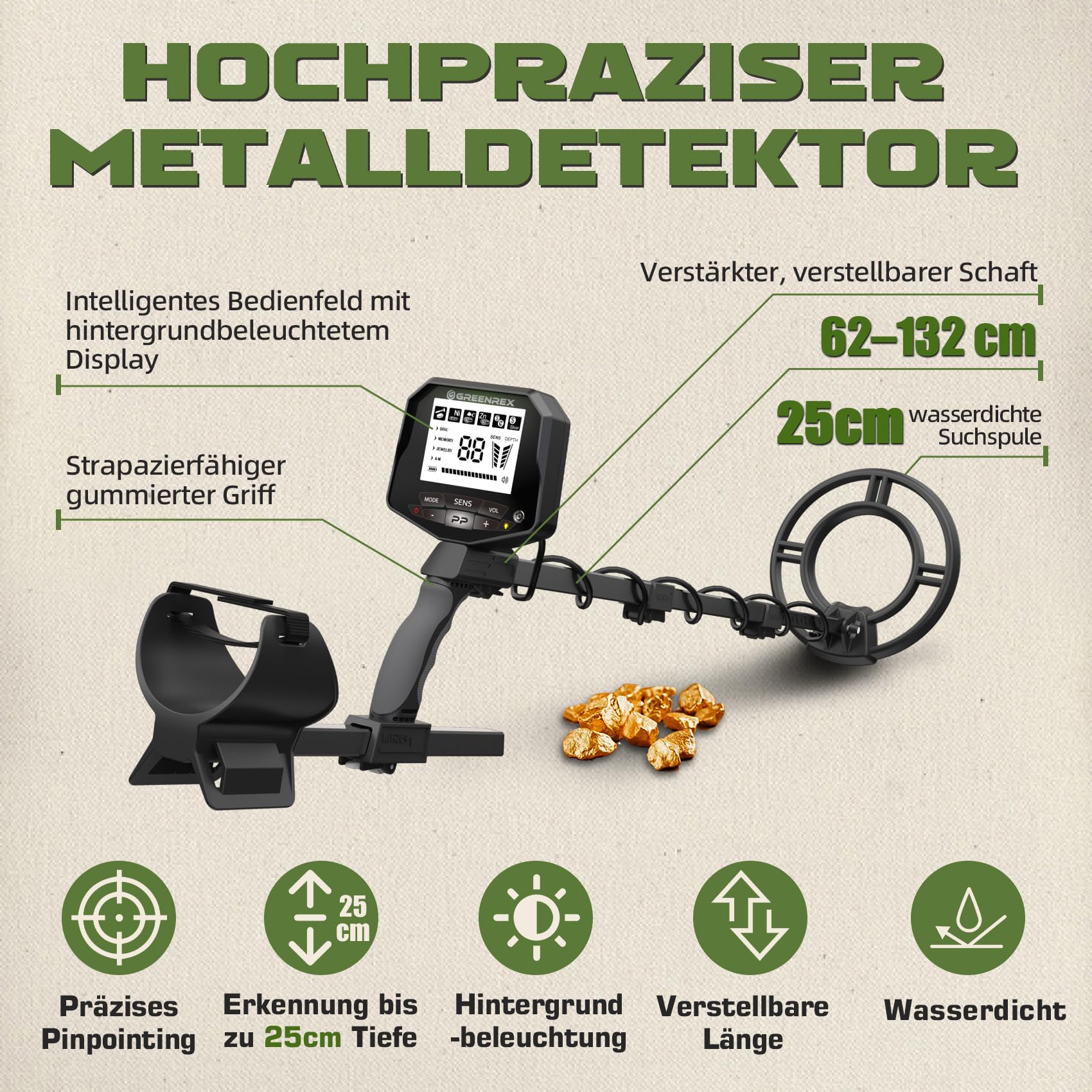 GreenRex Metalldetektor Profi, 25,4CM IP68 wasserdichte Spule, Großes LCD-Display, Präziser Gold-Detektor für Erwachsene & Kinder, Ideal für Strand, Unterwasser & Garten, DSP-Chip Upgrade