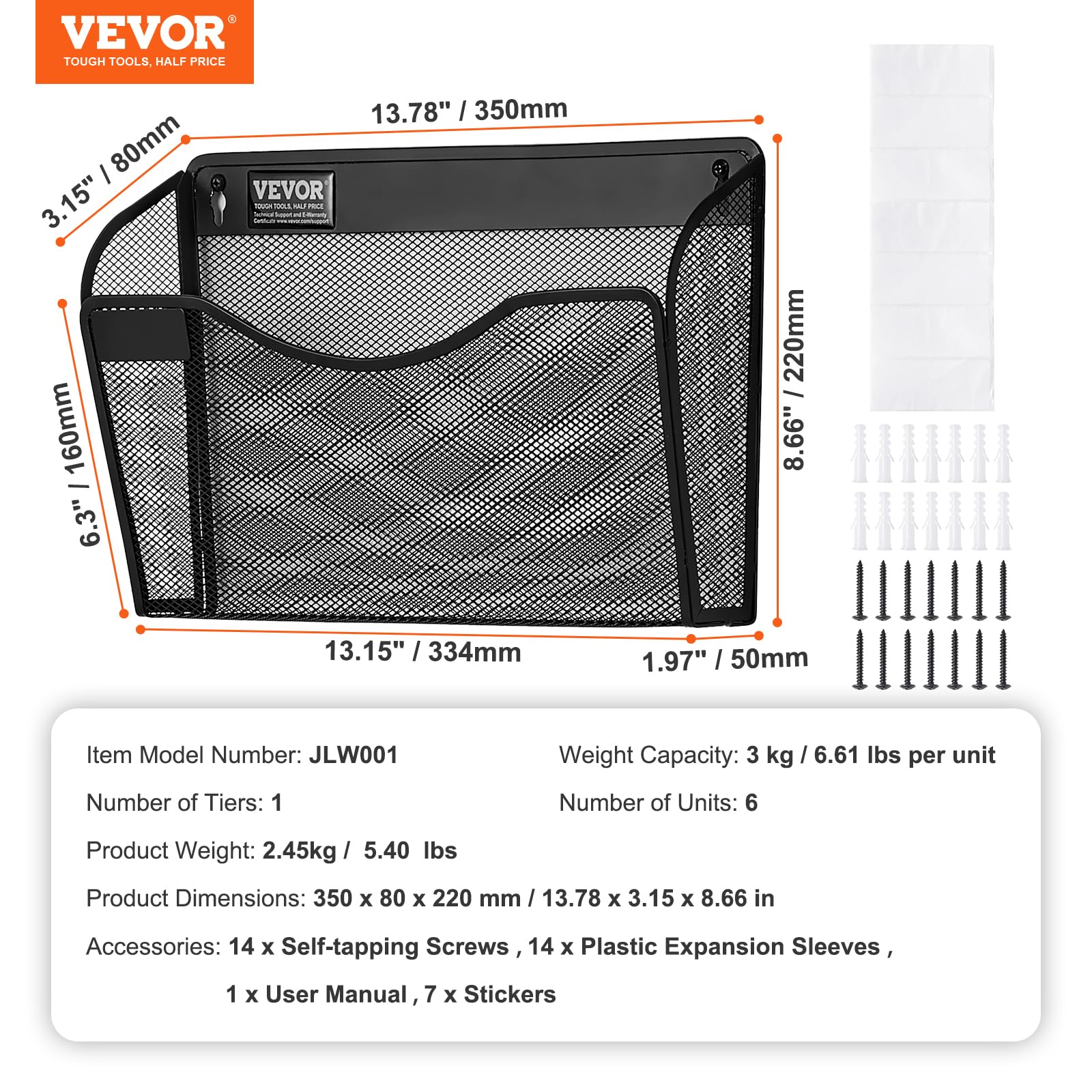 VEVOR Support mural de fichiers 6 poches, porte-documents en maille métal avec étiquette, noir