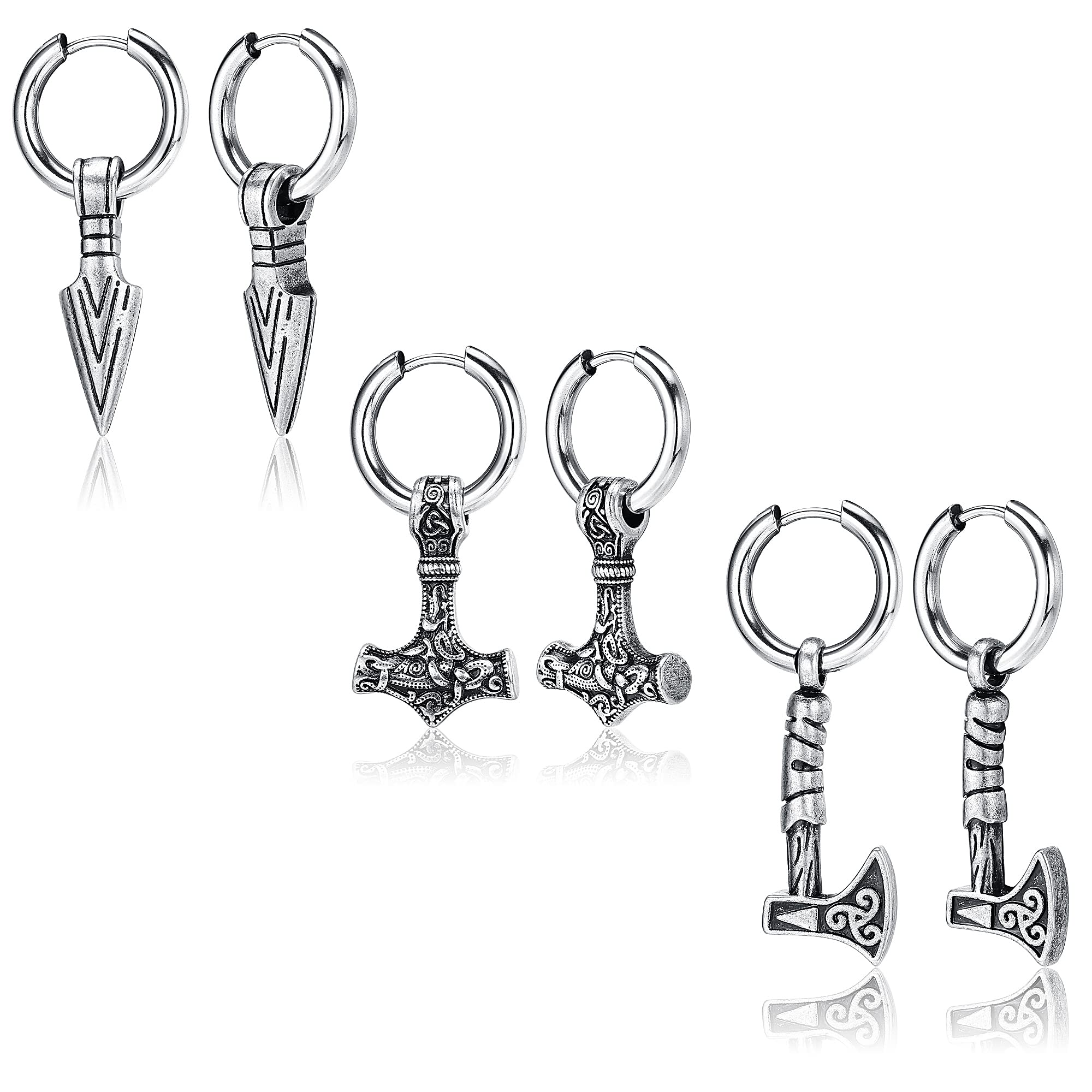 MILACOLATO 3 Pares Pendientes Vikingos Hombre Dangly Norse Thors Martillo Hacha Acero Inoxidable Huggies Pequeño Aro Pendientes De Mujer Joyería Gótica Negro/Plata